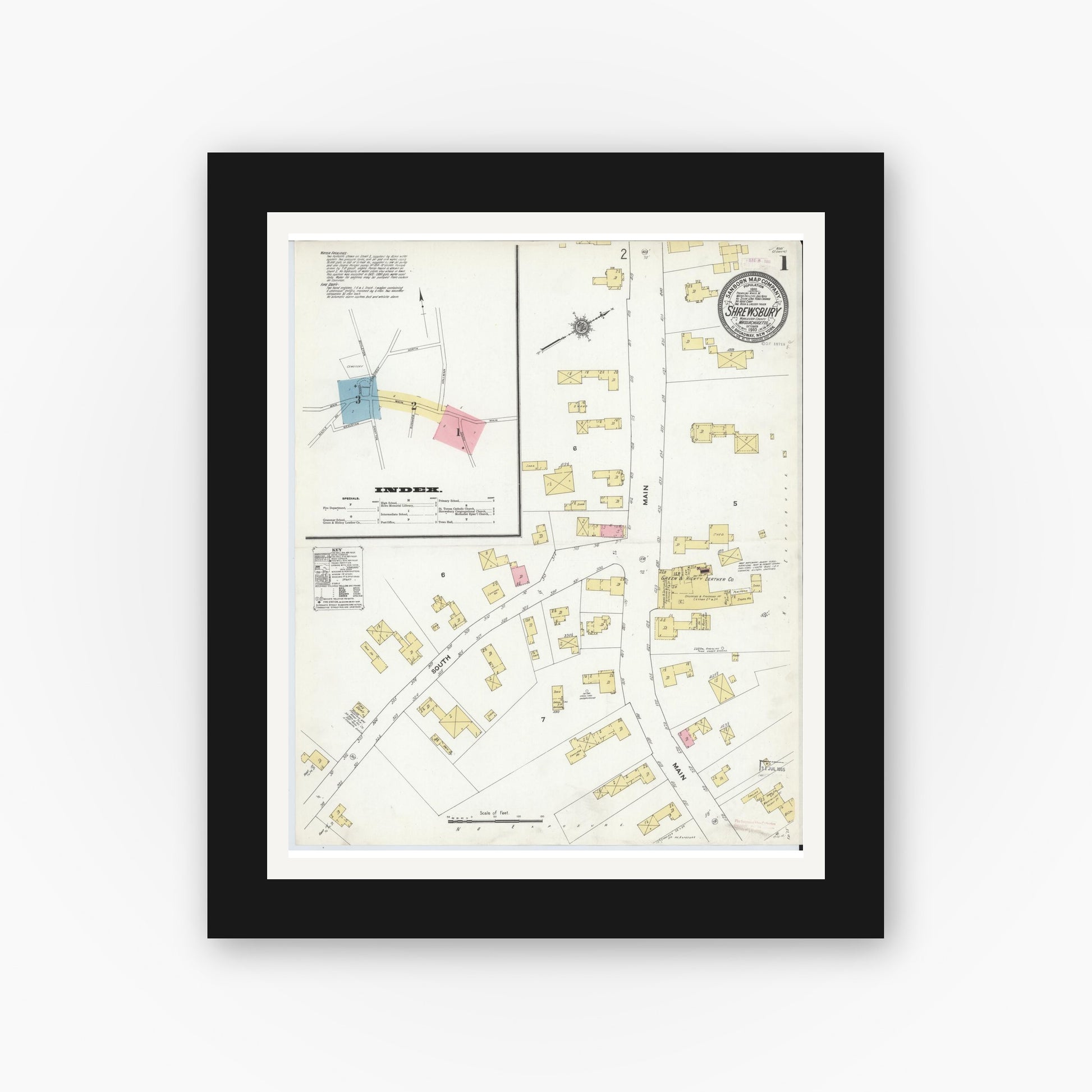 Old map wall art mockup — black gallery frame with white mat — Sanborn Fire Insurance Map from Shrewsbury, Worcester County, Massachusetts (1910), Sheet #0001