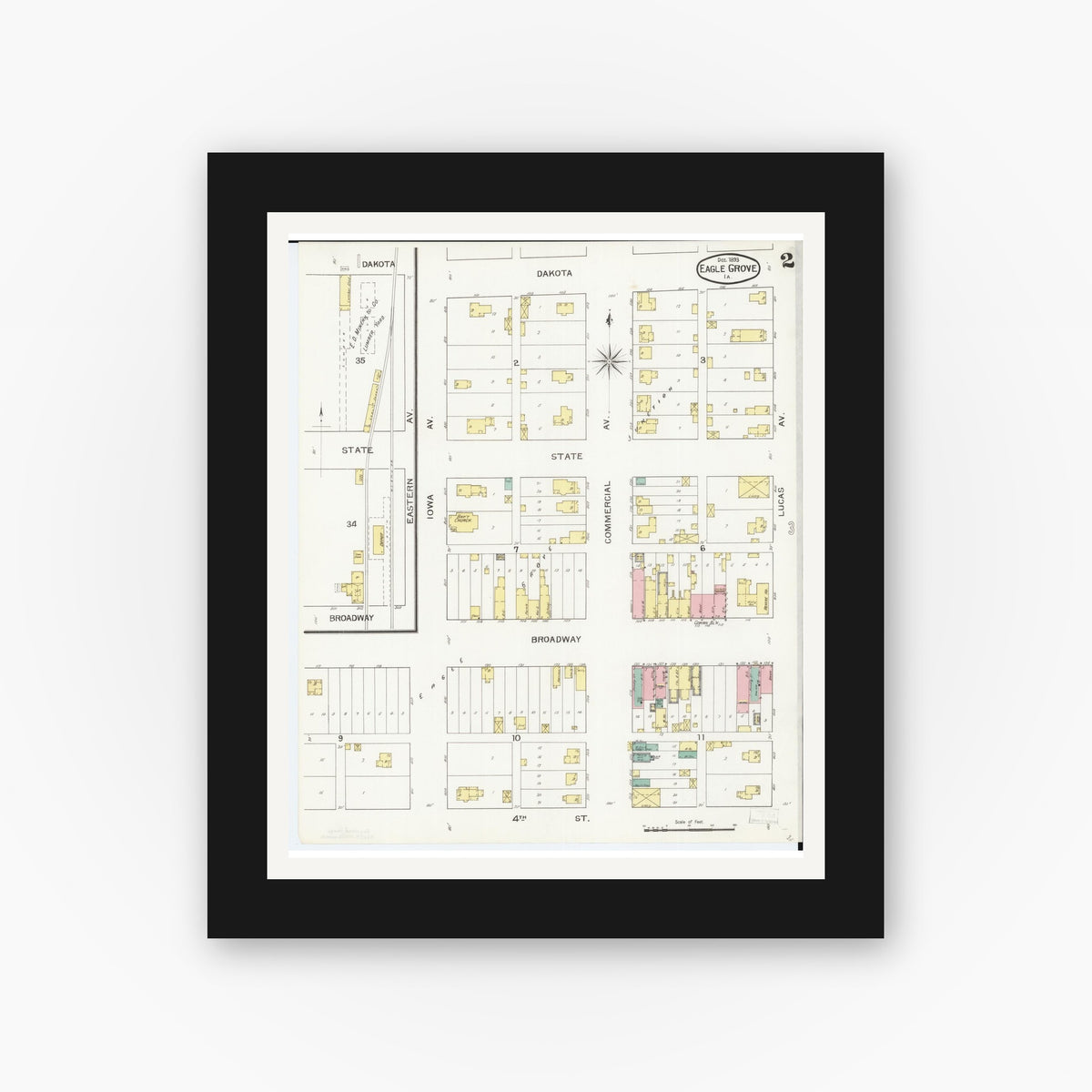 Old map wall art mockup — black gallery frame with white mat — Sanborn Fire Insurance Map from Eagle Grove, Wright County, Iowa (1893), Sheet #0002