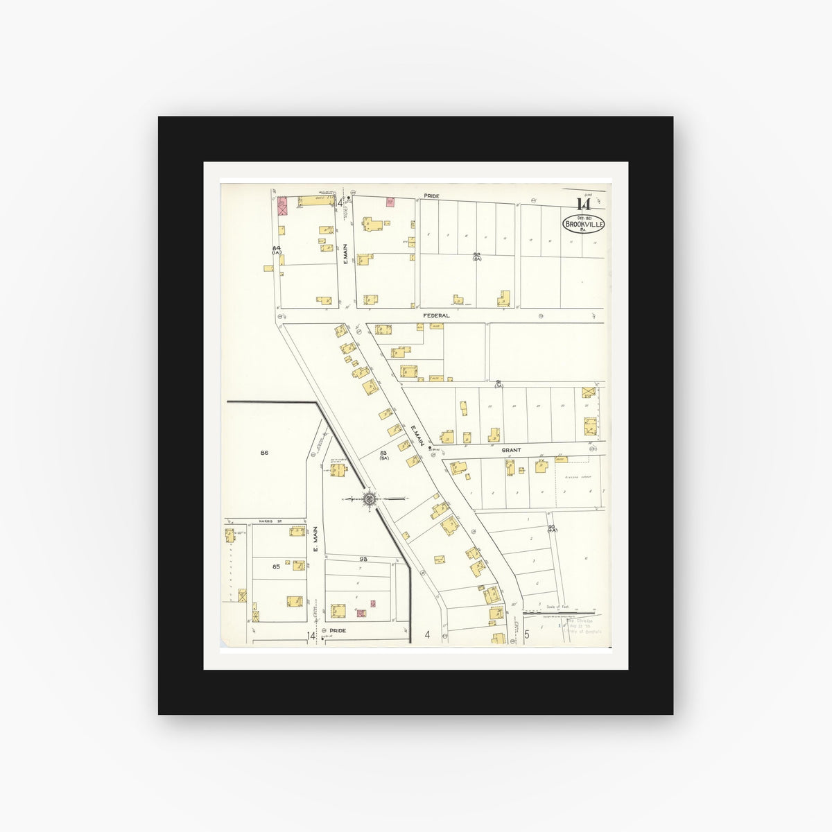 Old map wall art mockup — black gallery frame with white mat — Sanborn Fire Insurance Map from Brookville, Jefferson County, Pennsylvania (1921), Sheet #0014