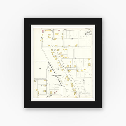 Old map wall art mockup — black gallery frame with white mat — Sanborn Fire Insurance Map from Brookville, Jefferson County, Pennsylvania (1921), Sheet #0014