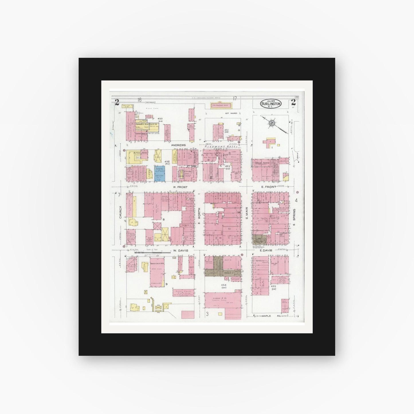 Old map wall art mockup — black gallery frame with white mat — Sanborn Fire Insurance Map from Burlington, Alamance County, North Carolina (1929), Sheet #0002