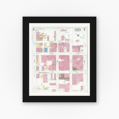 Old map wall art mockup — black gallery frame with white mat — Sanborn Fire Insurance Map from Burlington, Alamance County, North Carolina (1929), Sheet #0002