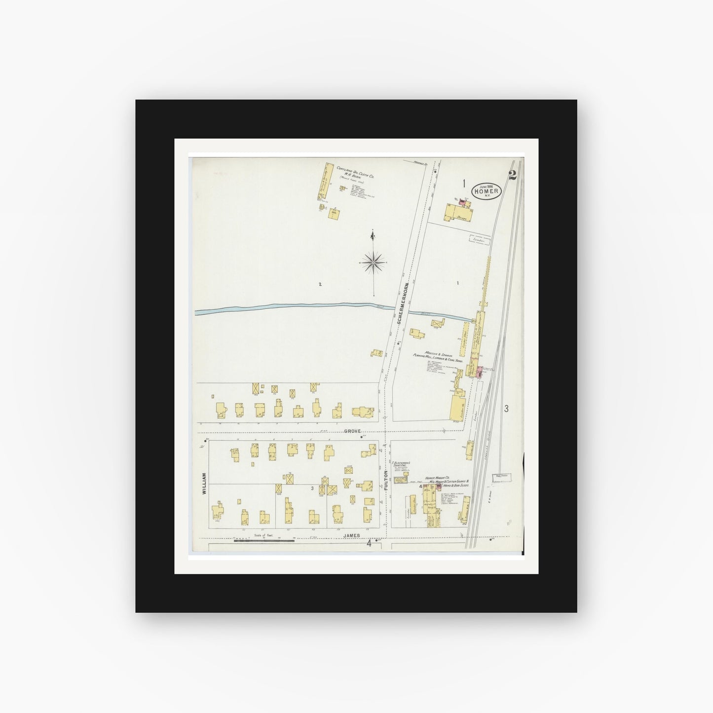 Old map wall art mockup — black gallery frame with white mat — Sanborn Fire Insurance Map from Homer, Cortland County, New York (1898), Sheet #0002