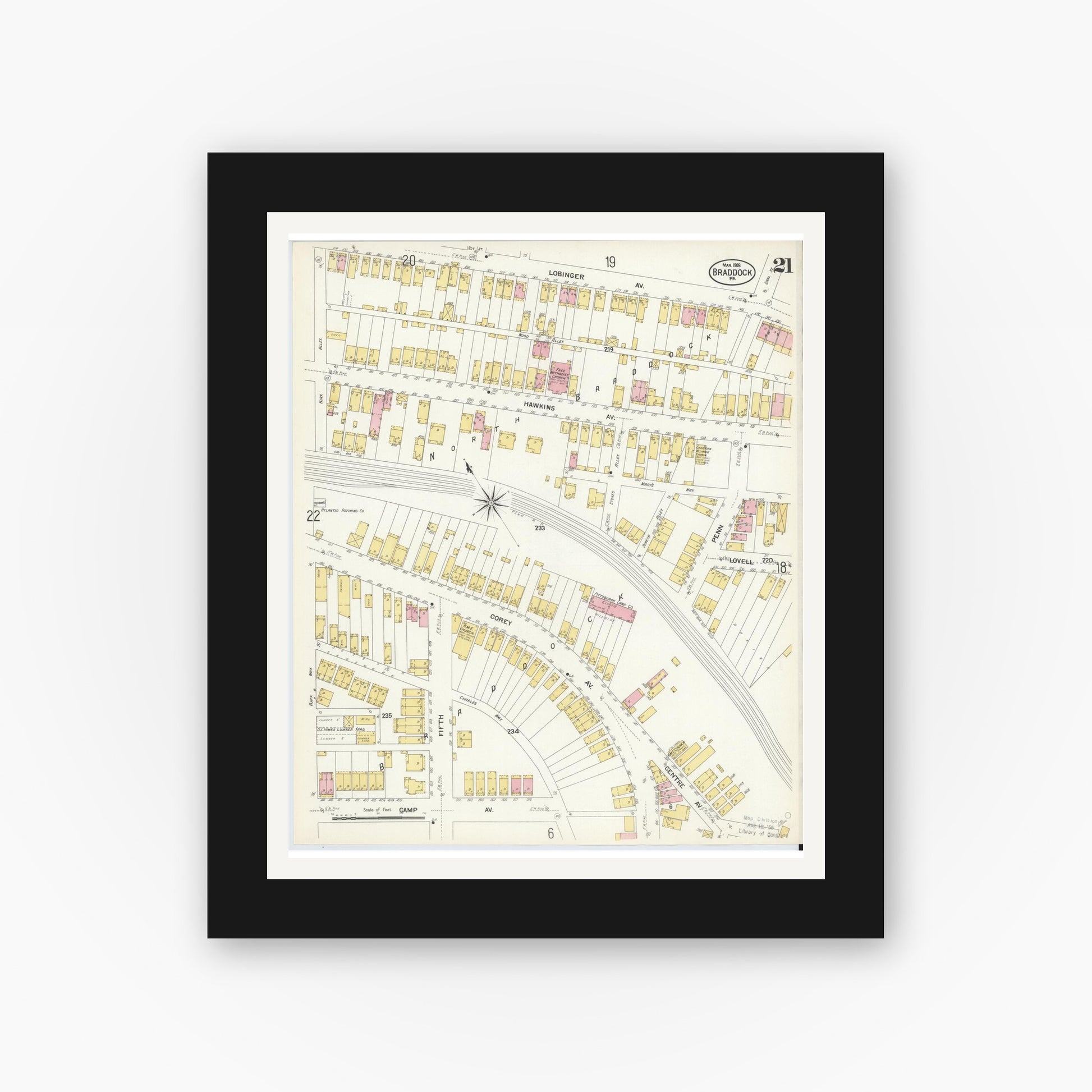 Old map wall art mockup — black gallery frame with white mat — Sanborn Fire Insurance Map from Braddock, Allegheny County, Pennsylvania (1908), Sheet #0021