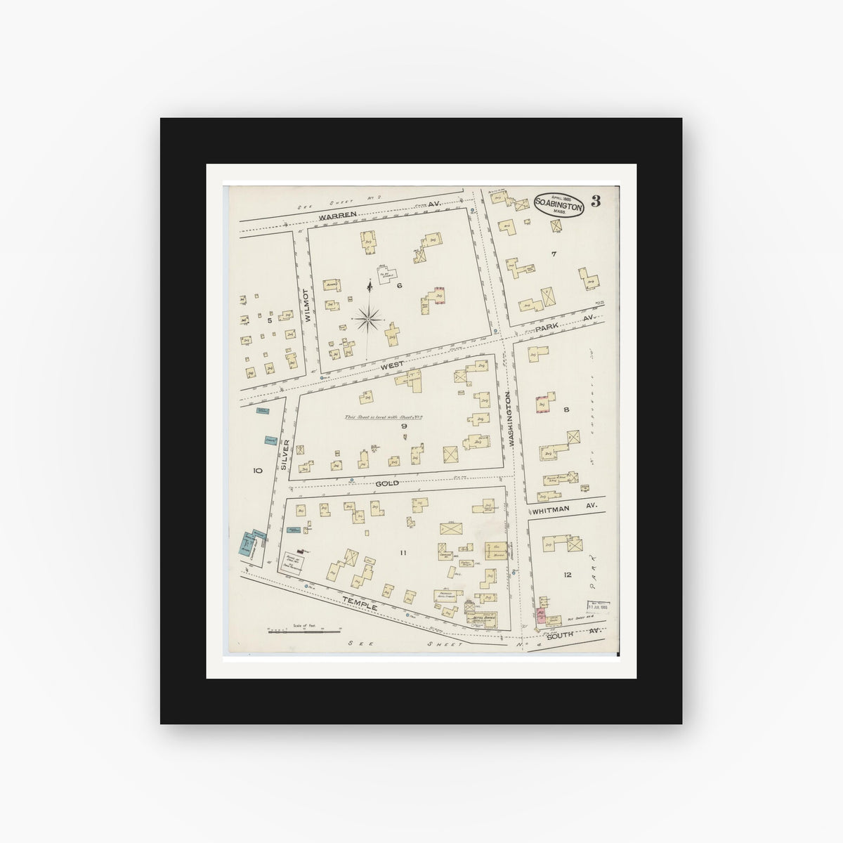 Old map wall art mockup — black gallery frame with white mat — Sanborn Fire Insurance Map from South Abington, Plymouth County, Massachusetts (1885), Sheet #0003