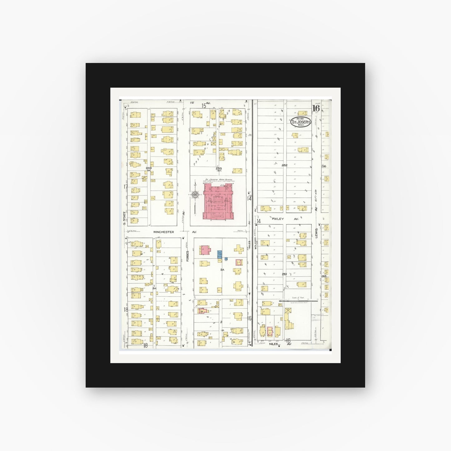 Old map wall art mockup — black gallery frame with white mat — Sanborn Fire Insurance Map from Saint Joseph, Berrien County, Michigan (1921), Sheet #0016