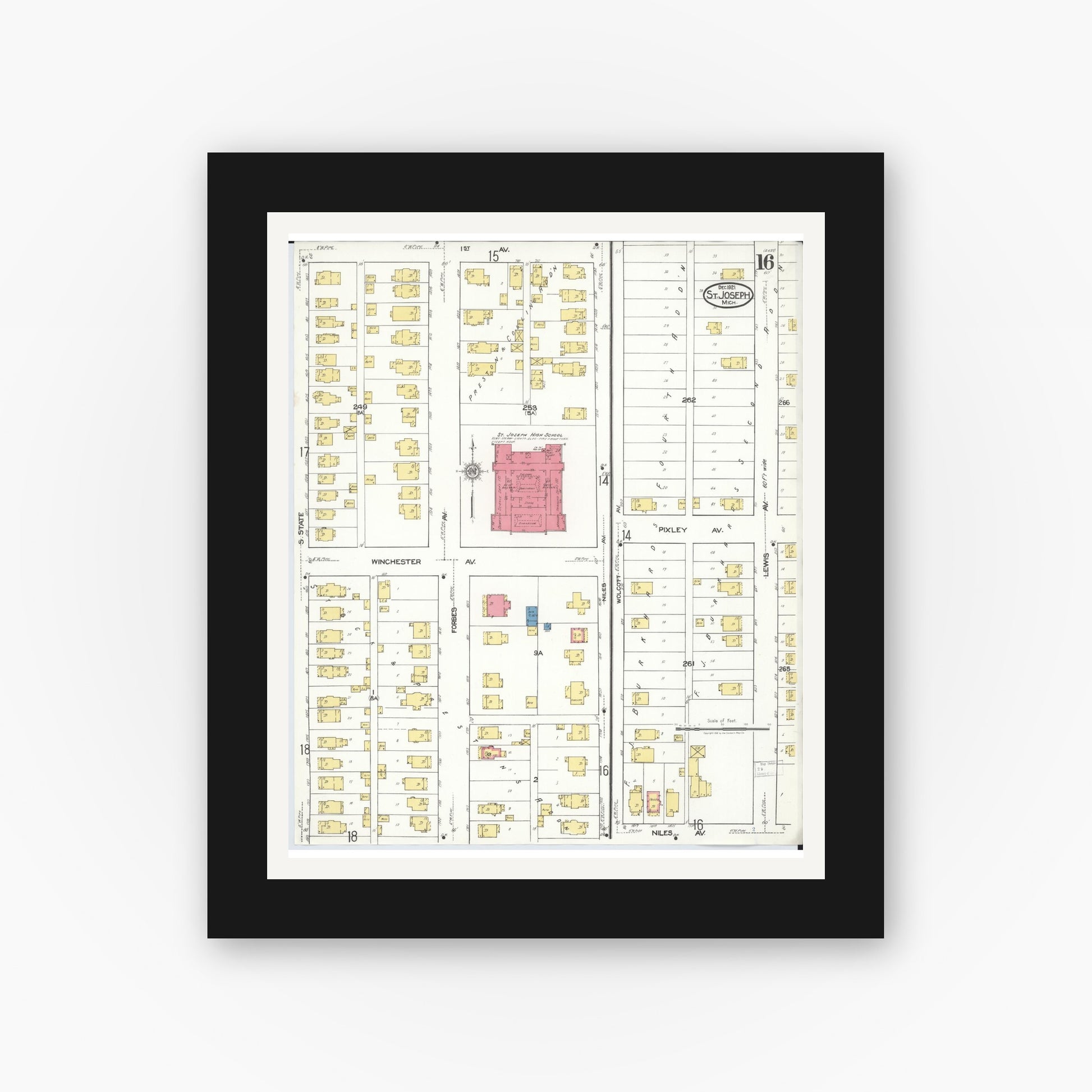 Old map wall art mockup — black gallery frame with white mat — Sanborn Fire Insurance Map from Saint Joseph, Berrien County, Michigan (1921), Sheet #0016