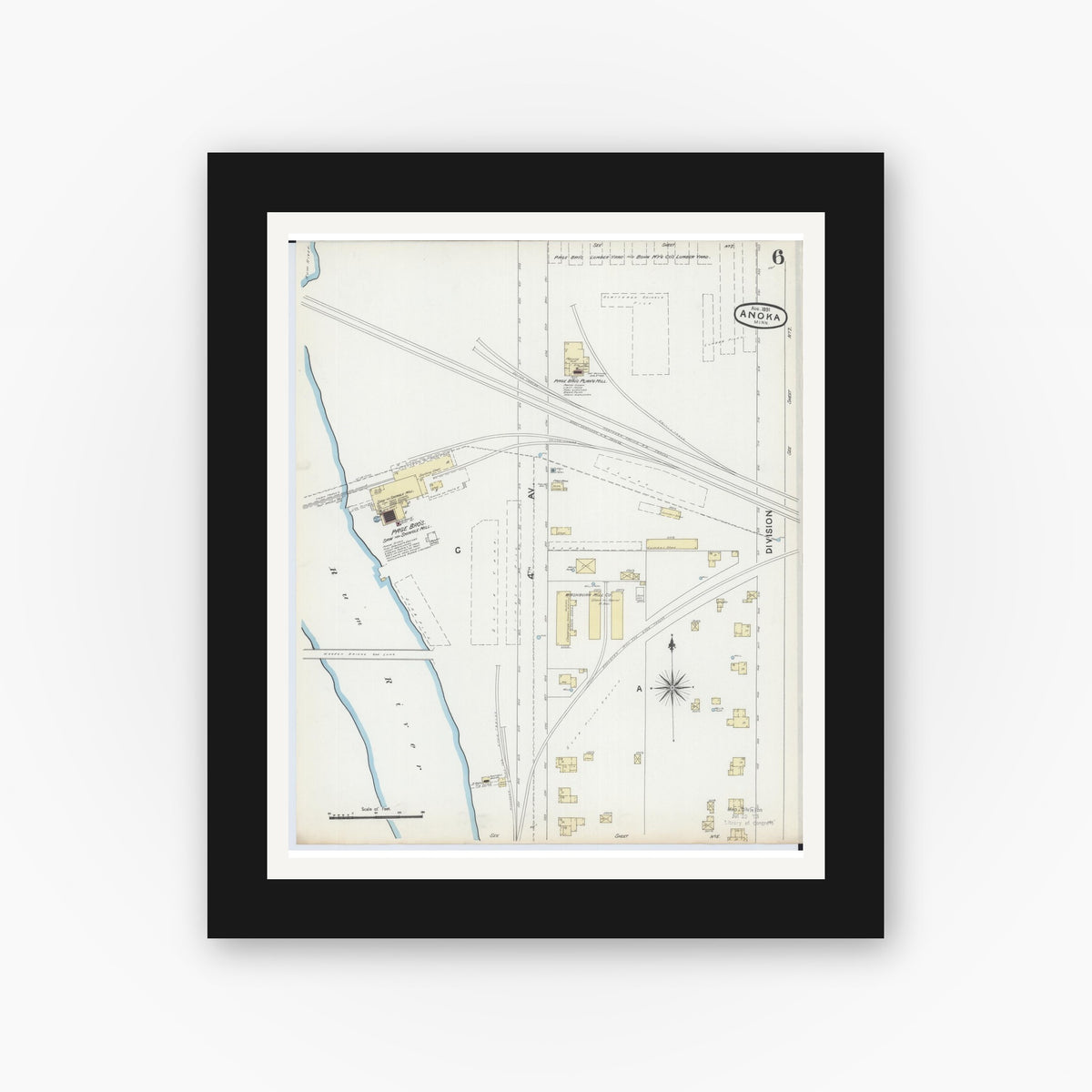 Old map wall art mockup — black gallery frame with white mat — Sanborn Fire Insurance Map from Anoka, Anoka County, Minnesota (1891), Sheet #0006