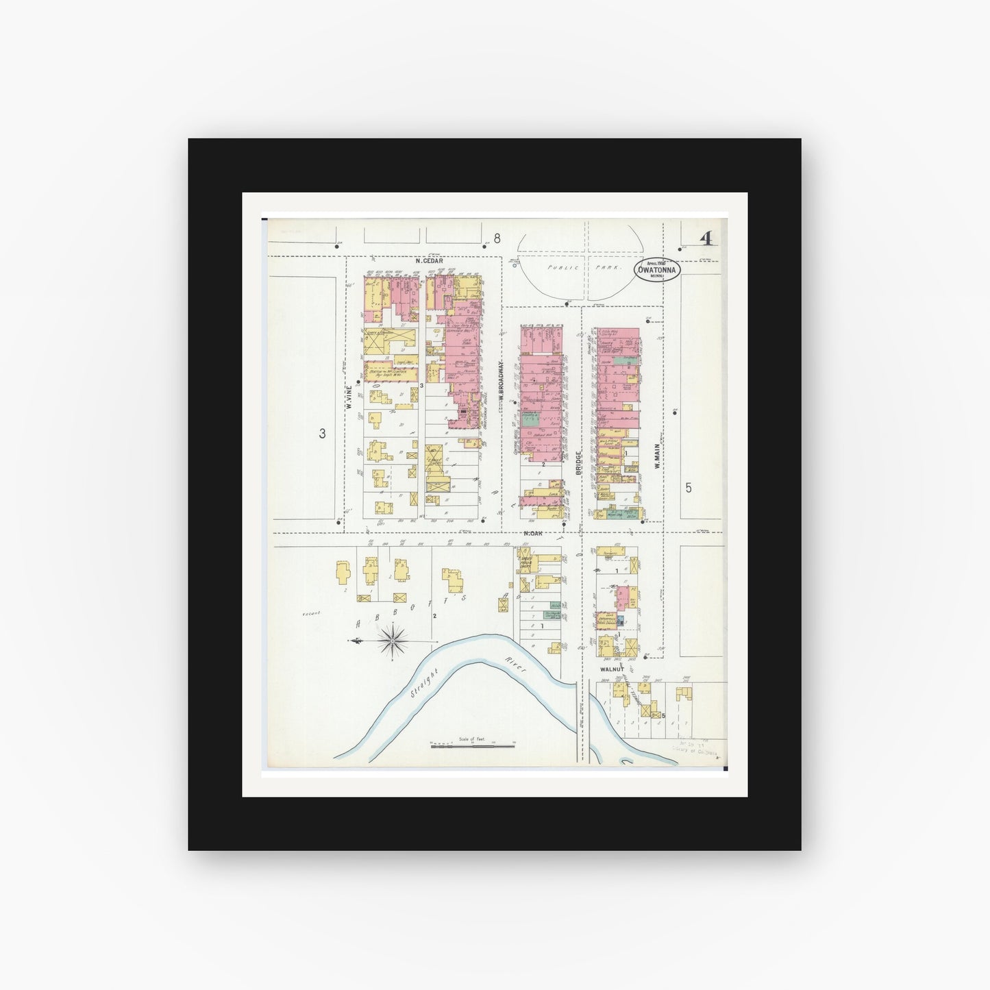 Old map wall art mockup — black gallery frame with white mat — Sanborn Fire Insurance Map from Owatonna, Steele County, Minnesota (1900), Sheet #0004