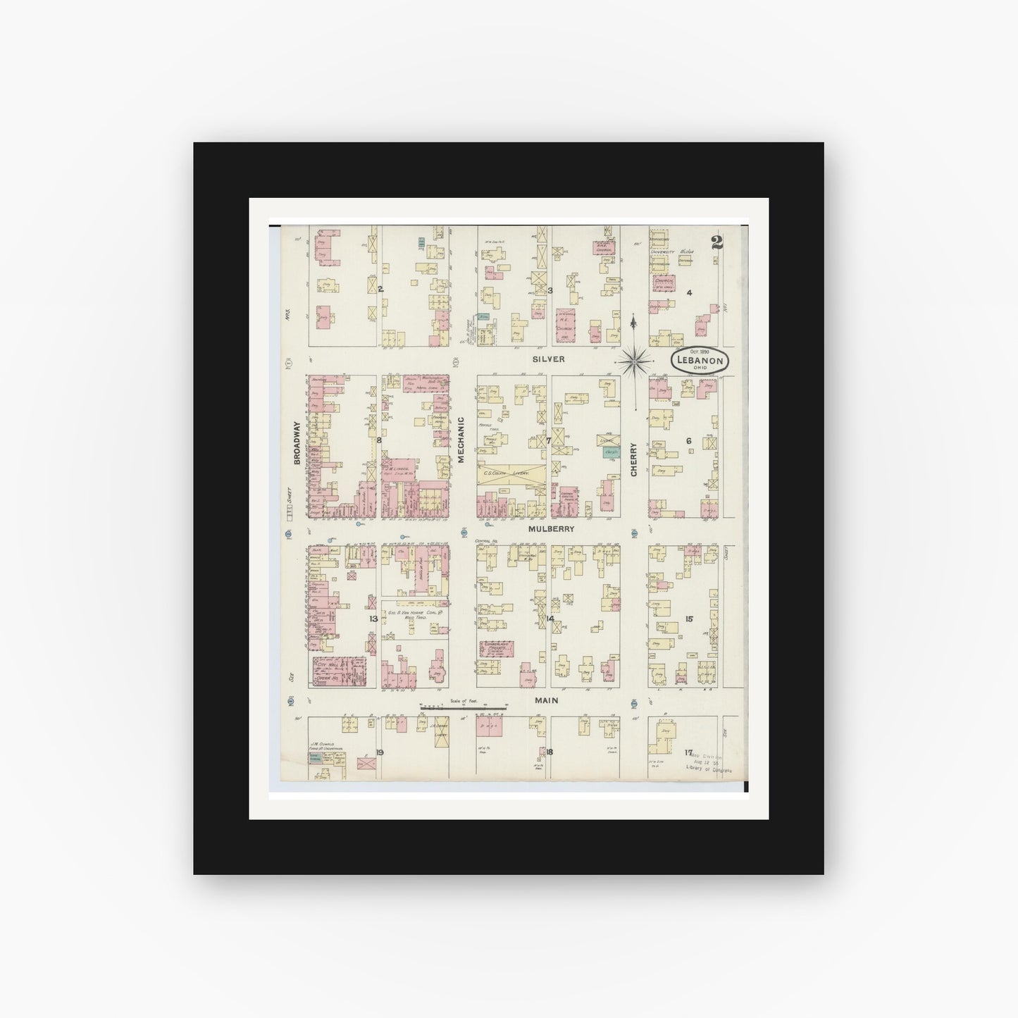 Old map wall art mockup — black gallery frame with white mat — Sanborn Fire Insurance Map from Lebanon, Warren County, Ohio (1890), Sheet #0002