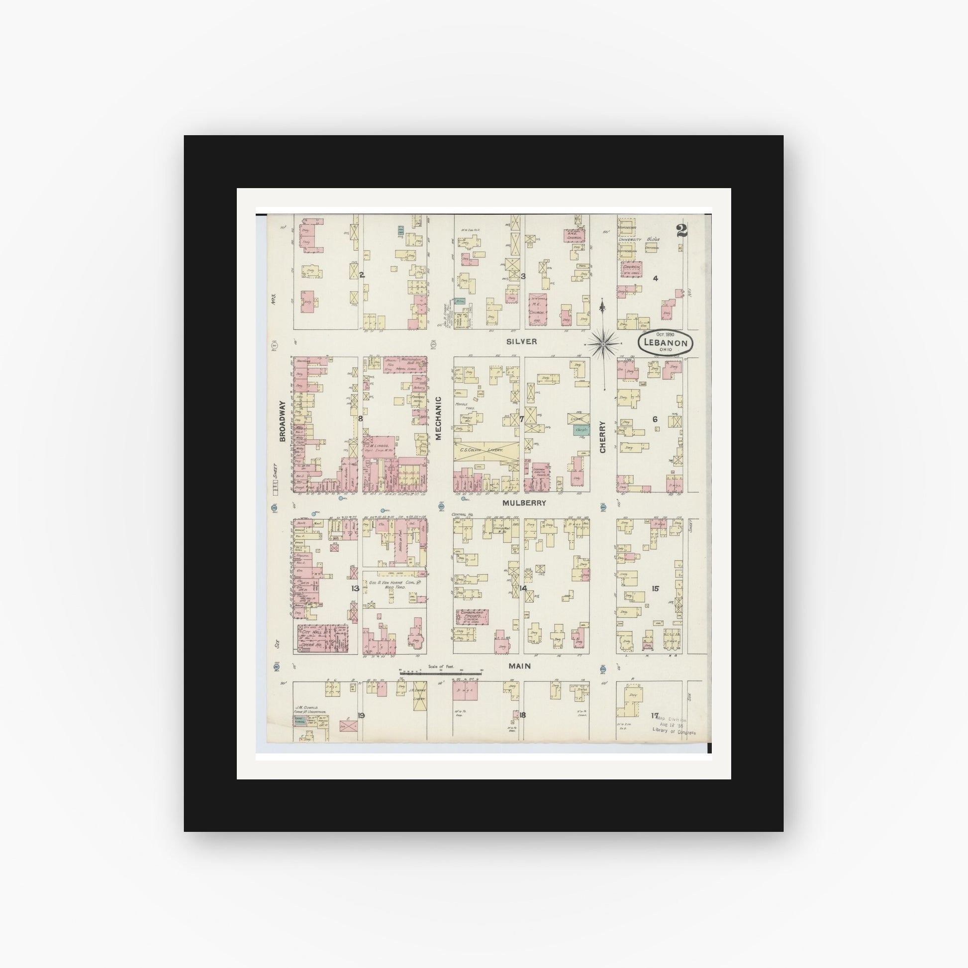 Old map wall art mockup — black gallery frame with white mat — Sanborn Fire Insurance Map from Lebanon, Warren County, Ohio (1890), Sheet #0002