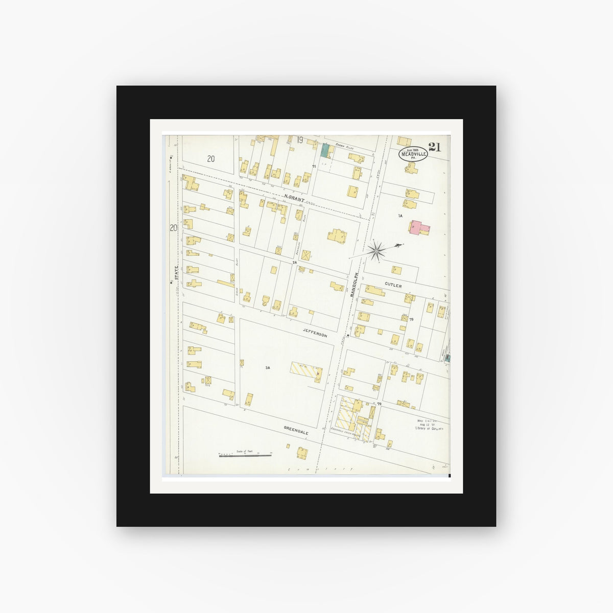 Old map wall art mockup — black gallery frame with white mat — Sanborn Fire Insurance Map from Meadville, Crawford County, Pennsylvania (1905), Sheet #0021