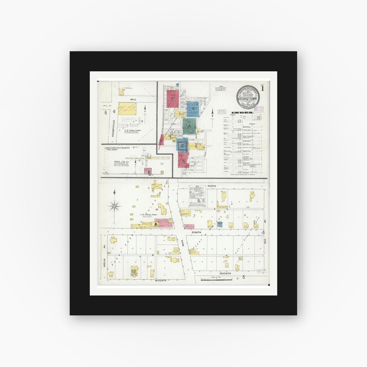 Old map wall art mockup — black gallery frame with white mat — Sanborn Fire Insurance Map from Georgetown, Vermilion County, Illinois (1909) - Complete Map Set