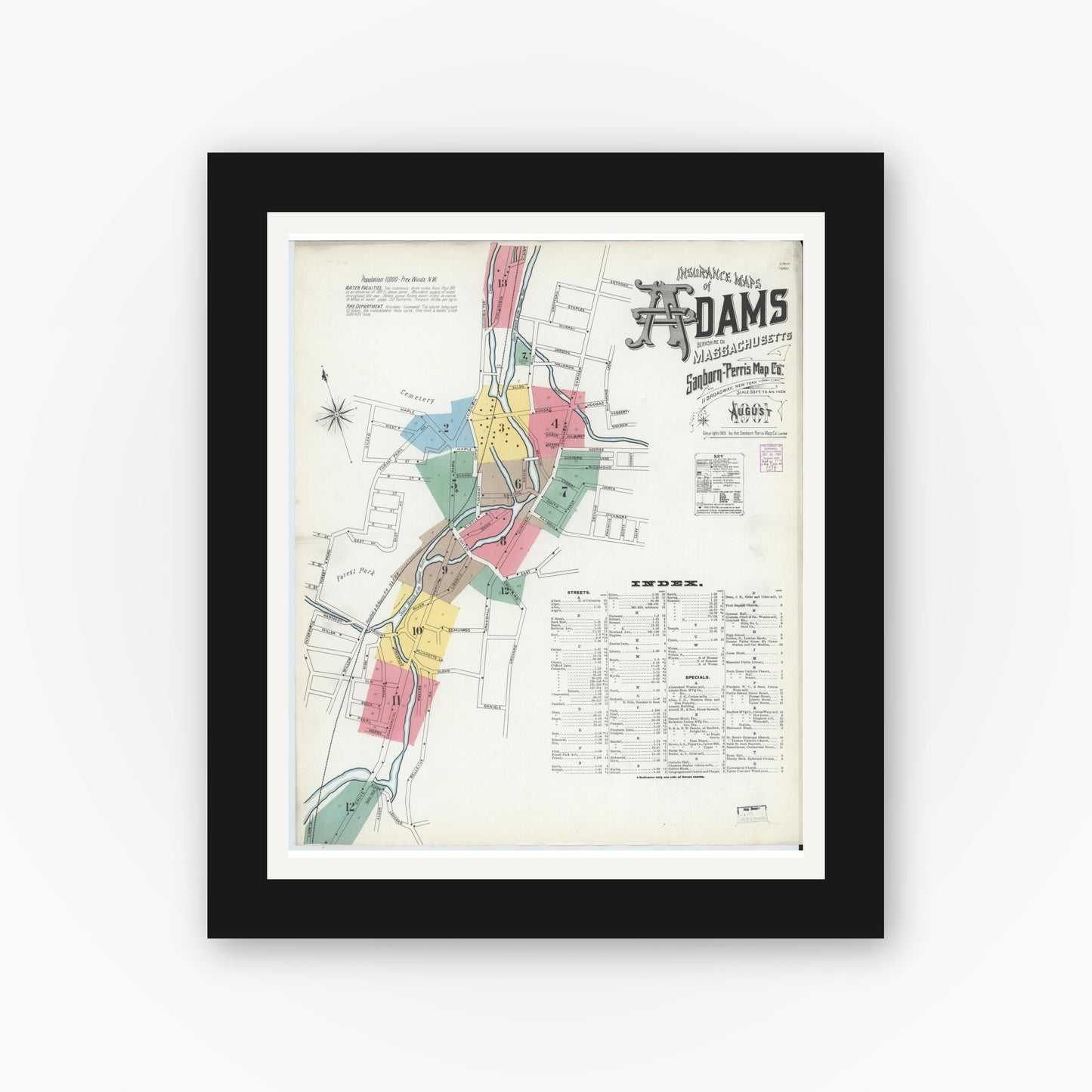 Old map wall art mockup — black gallery frame with white mat — Sanborn Fire Insurance Map from Adams, Berkshire County, Massachusetts (1901), Sheet #0001