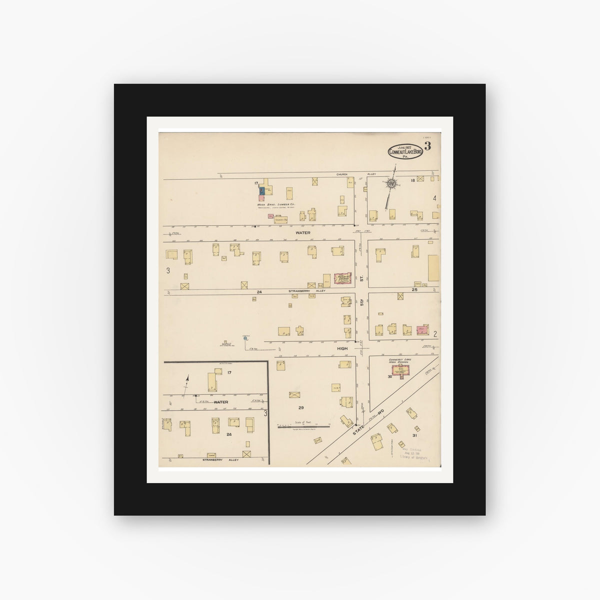 Old map wall art mockup — black gallery frame with white mat — Sanborn Fire Insurance Map from Conneaut Lake Borough, Crawford County, Pennsylvania (1922), Sheet #0003