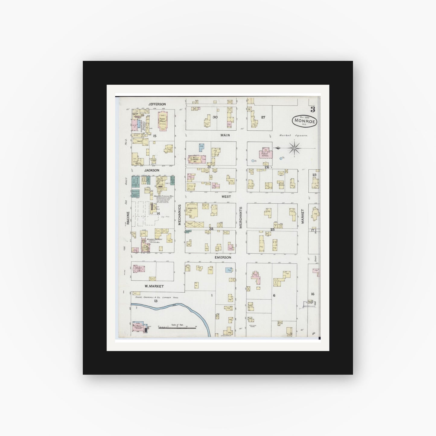 Old map wall art mockup — black gallery frame with white mat — Sanborn Fire Insurance Map from Monroe, Green County, Wisconsin (1889), Sheet #0003