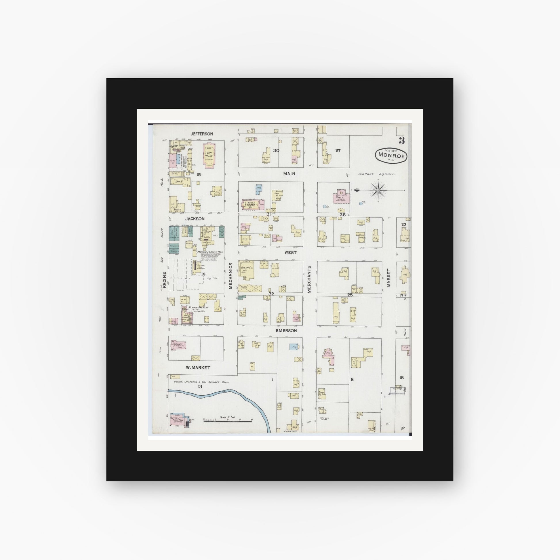 Old map wall art mockup — black gallery frame with white mat — Sanborn Fire Insurance Map from Monroe, Green County, Wisconsin (1889), Sheet #0003