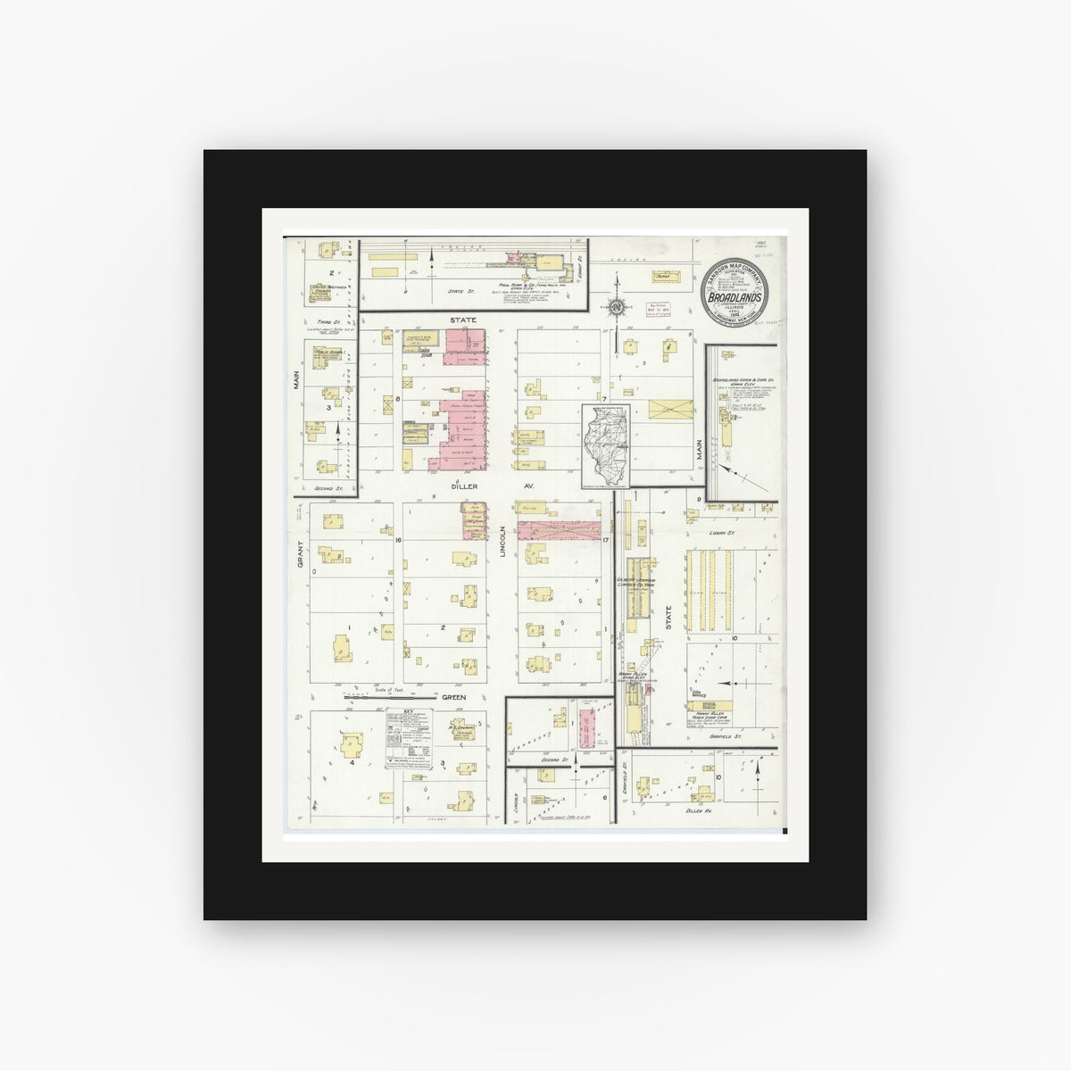Old map wall art mockup — black gallery frame with white mat — Sanborn Fire Insurance Map from Broadlands, Champaign County, Illinois (1914), Sheet #0001
