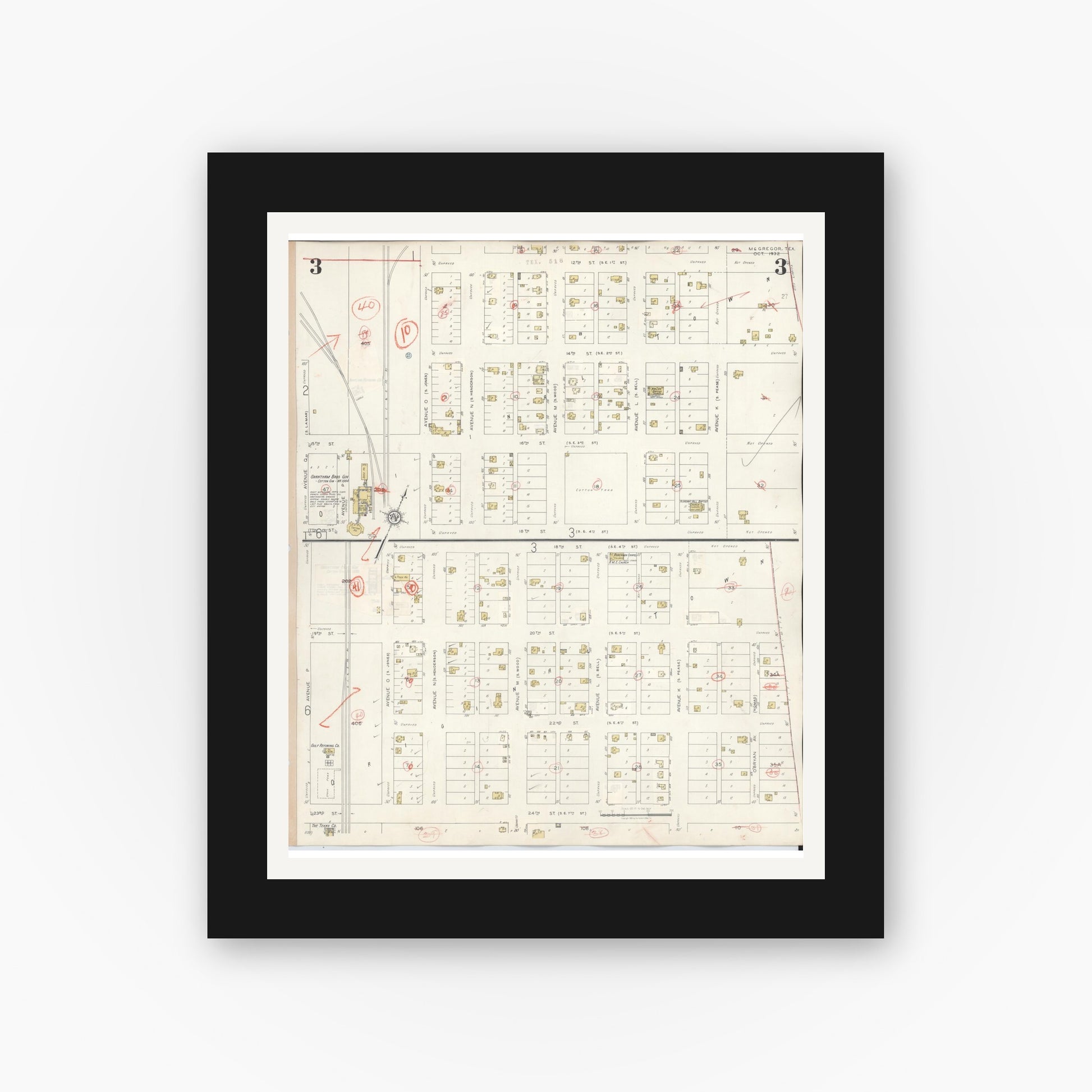 Old map wall art mockup — black gallery frame with white mat — Sanborn Fire Insurance Map from McGregor, McLennan County, Texas (1942), Sheet #0003