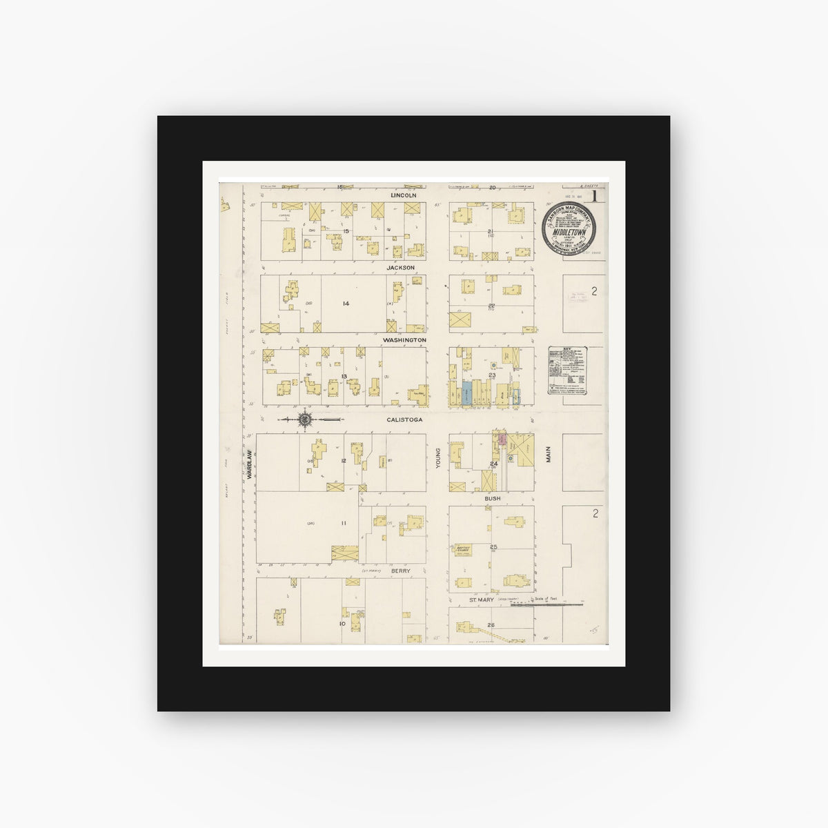 Old map wall art mockup — black gallery frame with white mat — Sanborn Fire Insurance Map from Middletown, Lake County, California (1911) - Complete Map Set