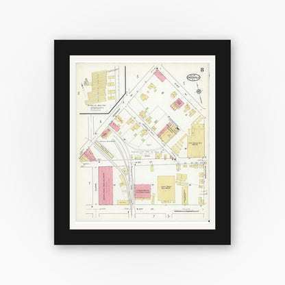 Old map wall art mockup — black gallery frame with white mat — Sanborn Fire Insurance Map from Greenville, Pitt County, North Carolina (1916), Sheet #0008