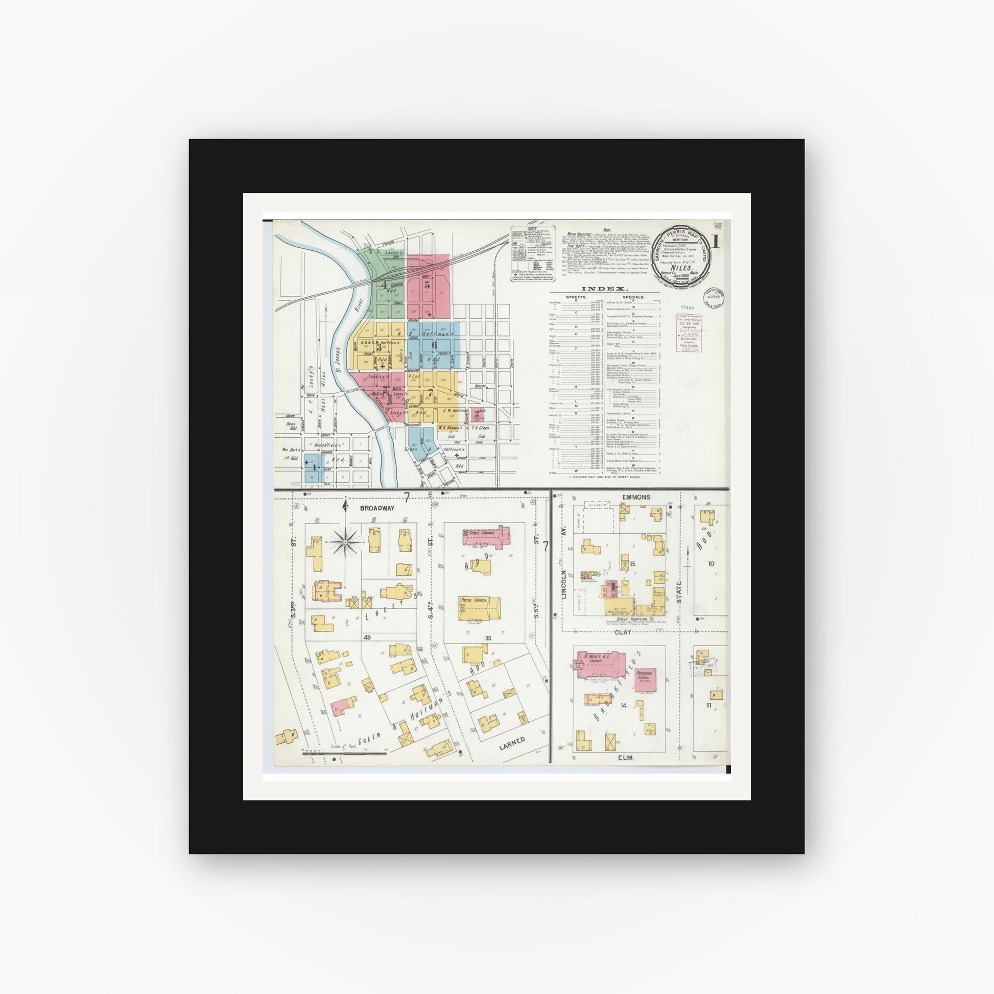 Old map wall art mockup — black gallery frame with white mat — Sanborn Fire Insurance Map from Niles, Berrien County, Michigan (1900) - Complete Map Set