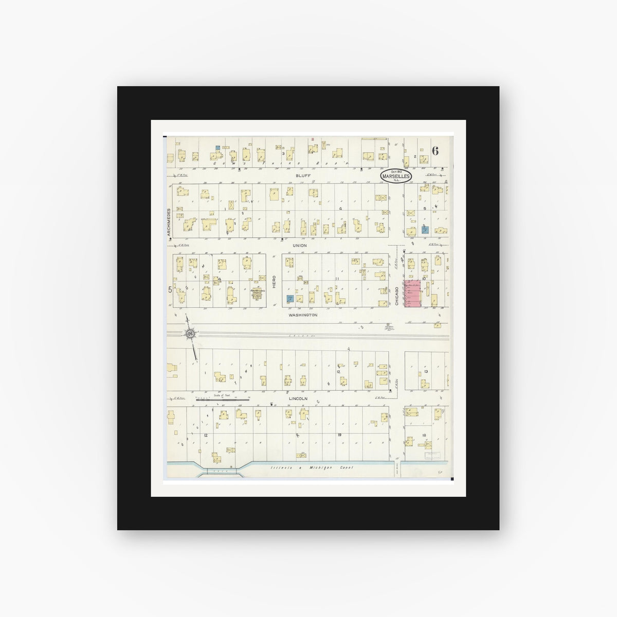 Old map wall art mockup — black gallery frame with white mat — Sanborn Fire Insurance Map from Marseilles, La Salle County, Illinois (1913), Sheet #0006
