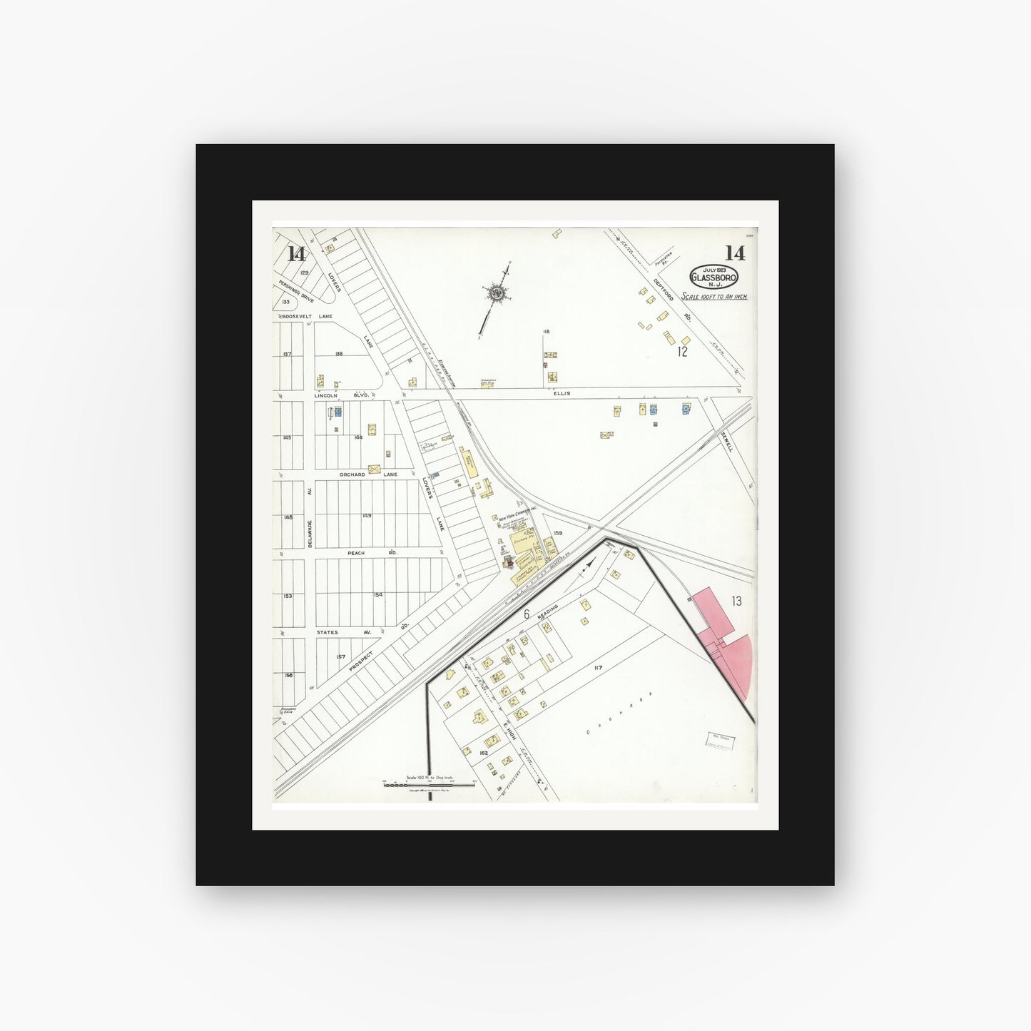 Old map wall art mockup — black gallery frame with white mat — Sanborn Fire Insurance Map from Glassboro, Gloucester County, New Jersey (1923), Sheet #0014