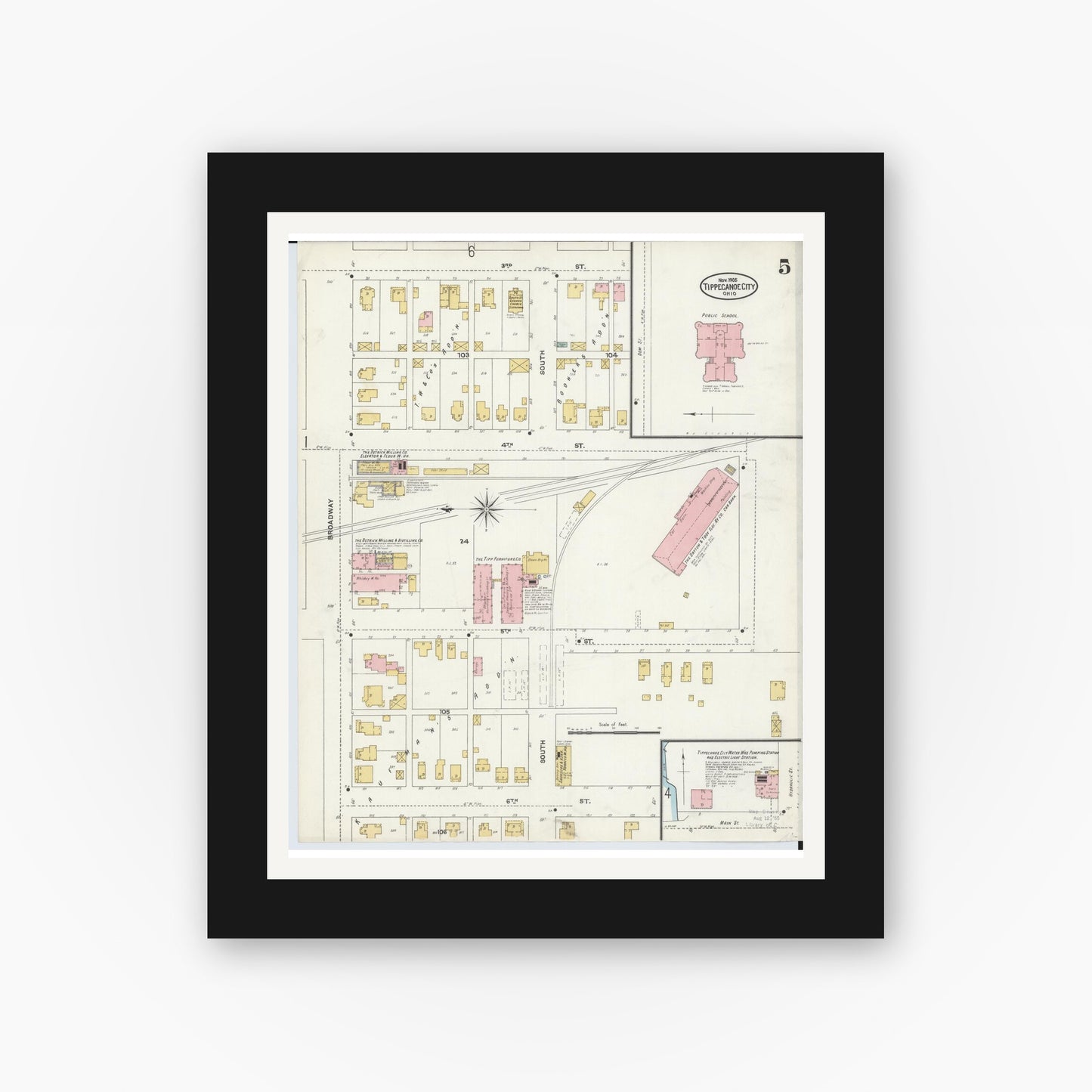 Old map wall art mockup — black gallery frame with white mat — Sanborn Fire Insurance Map from Tipp City, Miami County, Ohio (1905), Sheet #0005