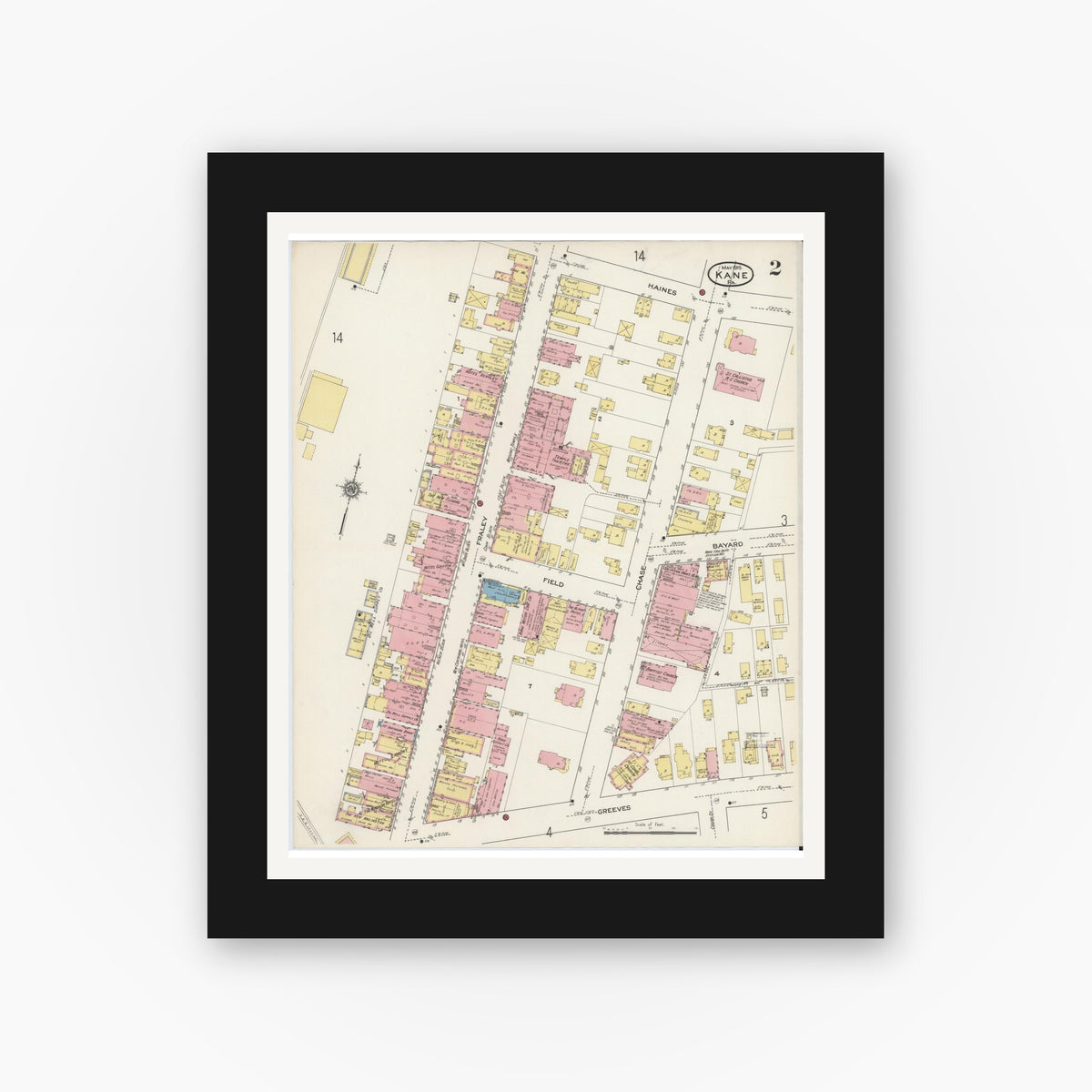 Old map wall art mockup — black gallery frame with white mat — Sanborn Fire Insurance Map from Kane, McKean County, Pennsylvania (1915), Sheet #0002