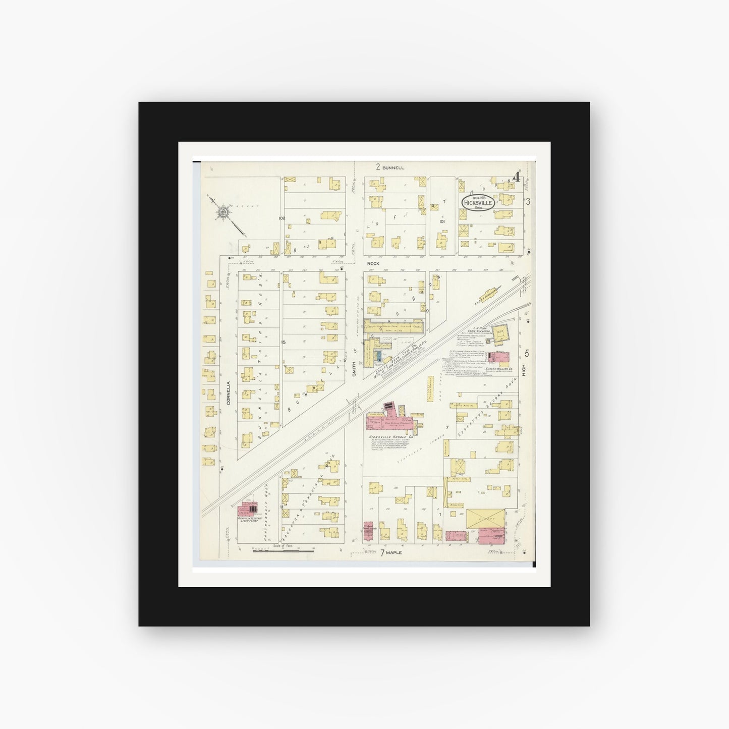 Old map wall art mockup — black gallery frame with white mat — Sanborn Fire Insurance Map from Hicksville, Defiance County, Ohio (1913), Sheet #0004