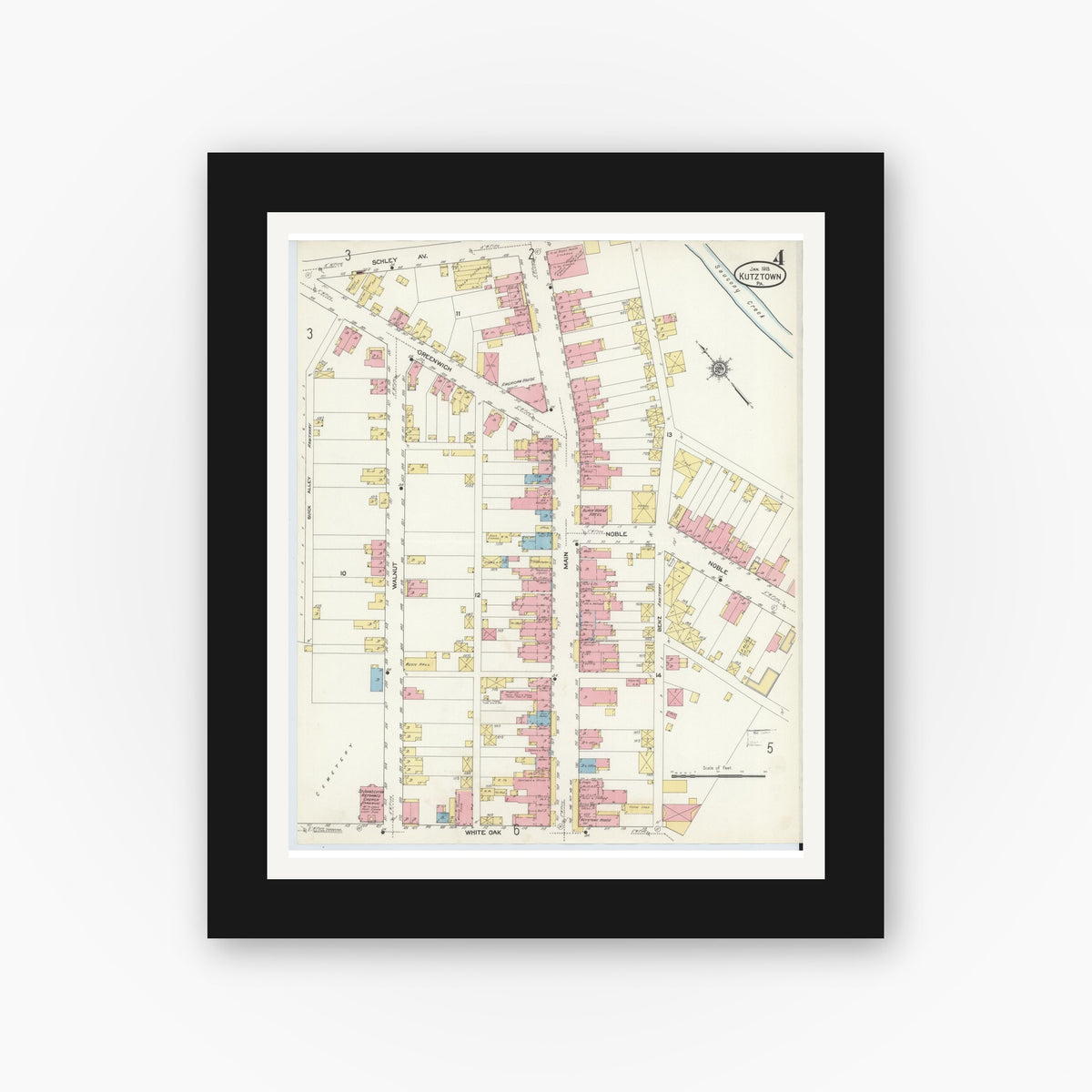 Old map wall art mockup — black gallery frame with white mat — Sanborn Fire Insurance Map from Kutztown, Berks County, Pennsylvania (1913), Sheet #0004