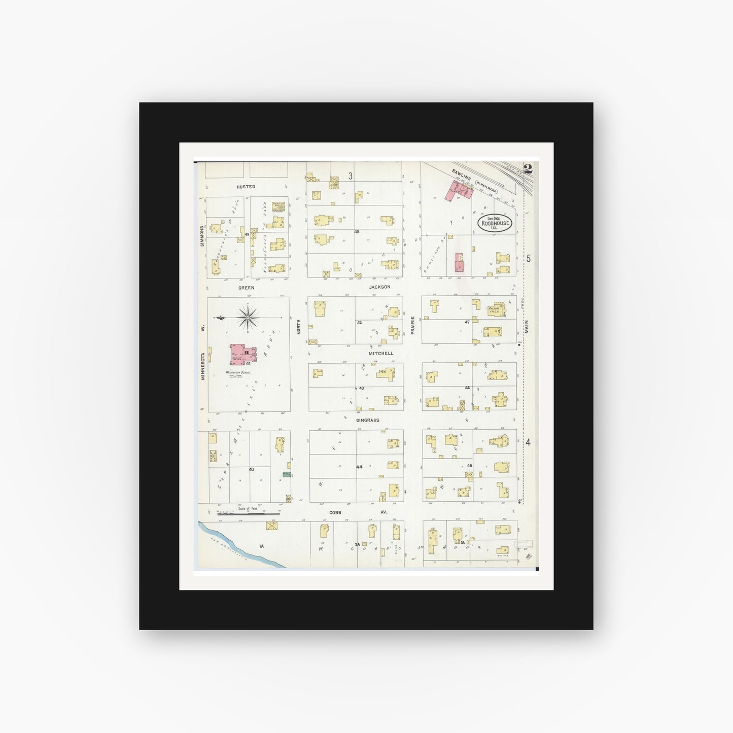 Old map wall art mockup — black gallery frame with white mat — Sanborn Fire Insurance Map from Roodhouse, Greene County, Illinois (1906), Sheet #0002
