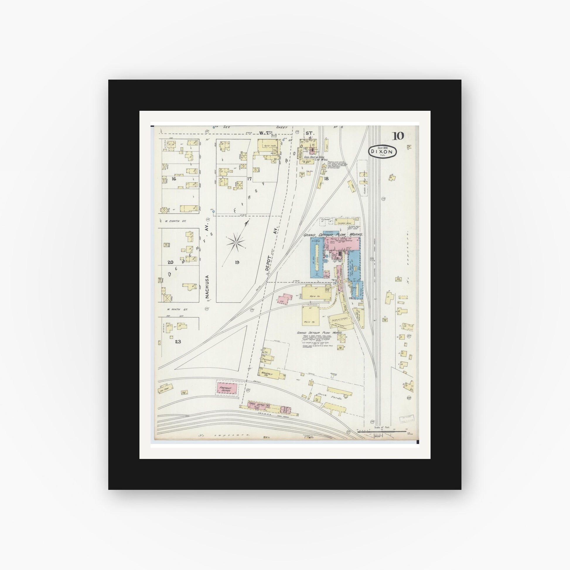 Old map wall art mockup — black gallery frame with white mat — Sanborn Fire Insurance Map from Dixon, Lee County, Illinois (1891), Sheet #0010