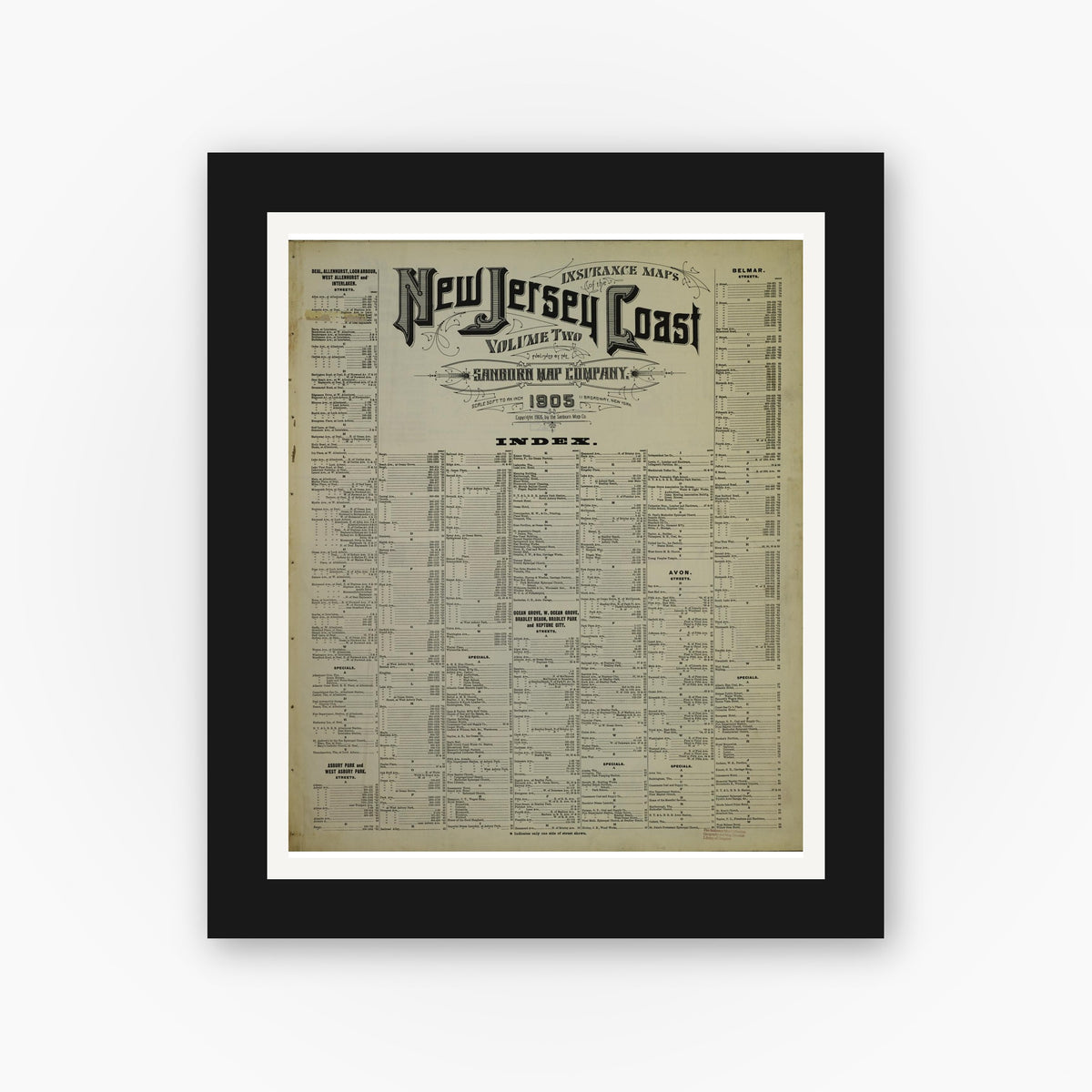 Old map wall art mockup — black gallery frame with white mat — Sanborn Fire Insurance Map from New Jersey Coast, New Jersey Coast, New Jersey (1905), Sheet #0001