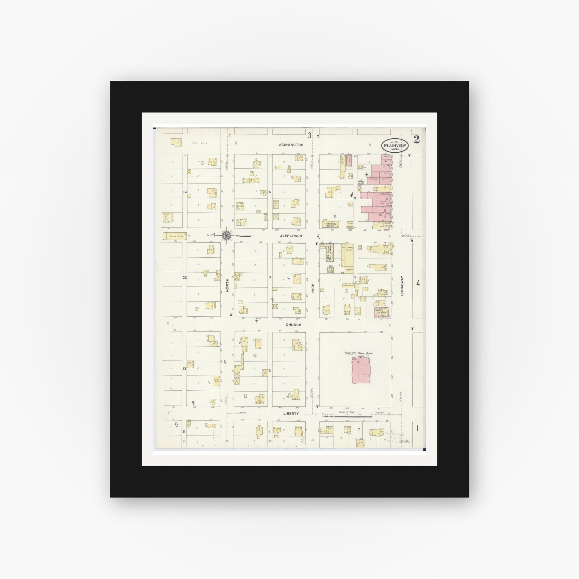 Old map wall art mockup — black gallery frame with white mat — Sanborn Fire Insurance Map from Plainview, Wabasha County, Minnesota (1911), Sheet #0002