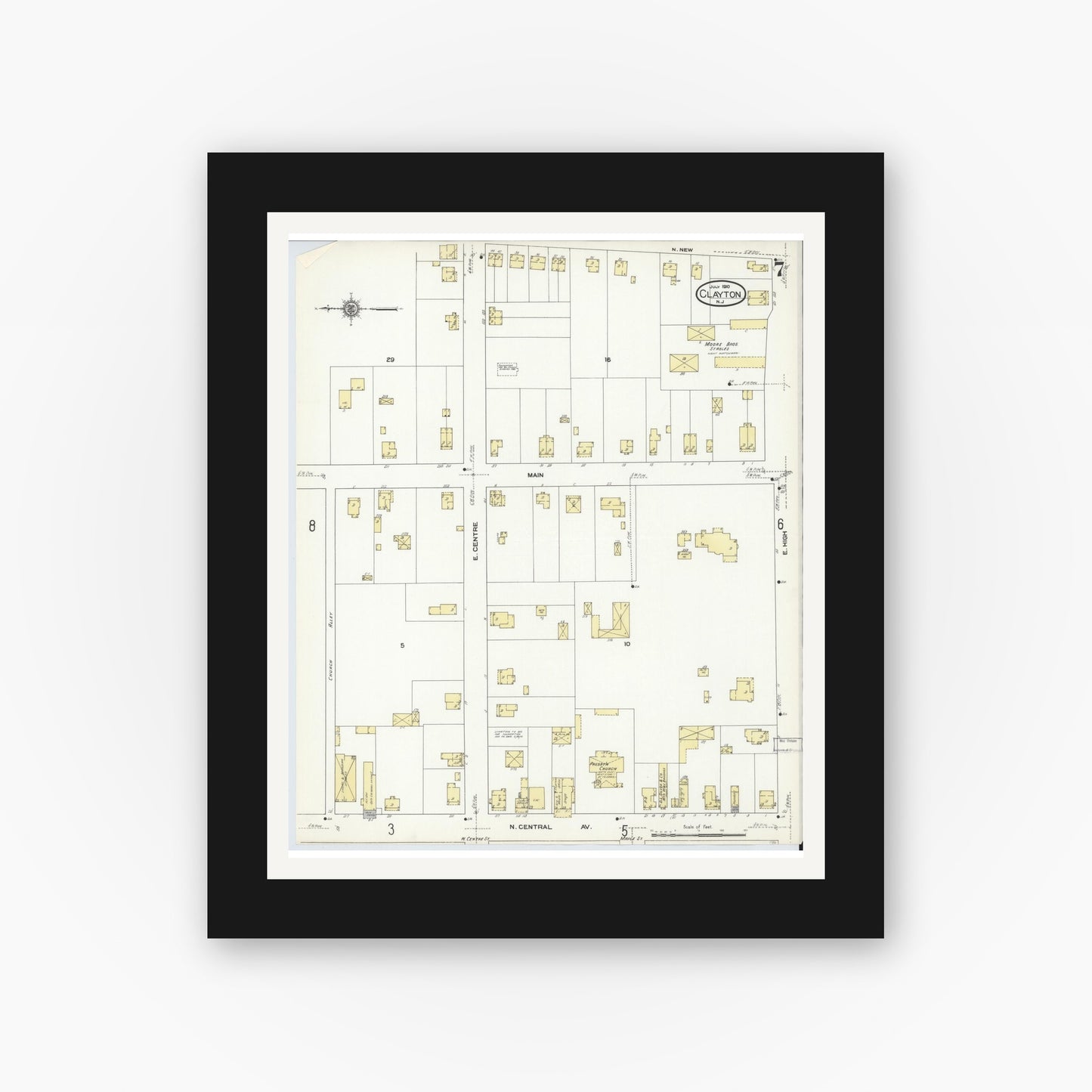 Old map wall art mockup — black gallery frame with white mat — Sanborn Fire Insurance Map from Clayton, Gloucester County, New Jersey (1910), Sheet #0007