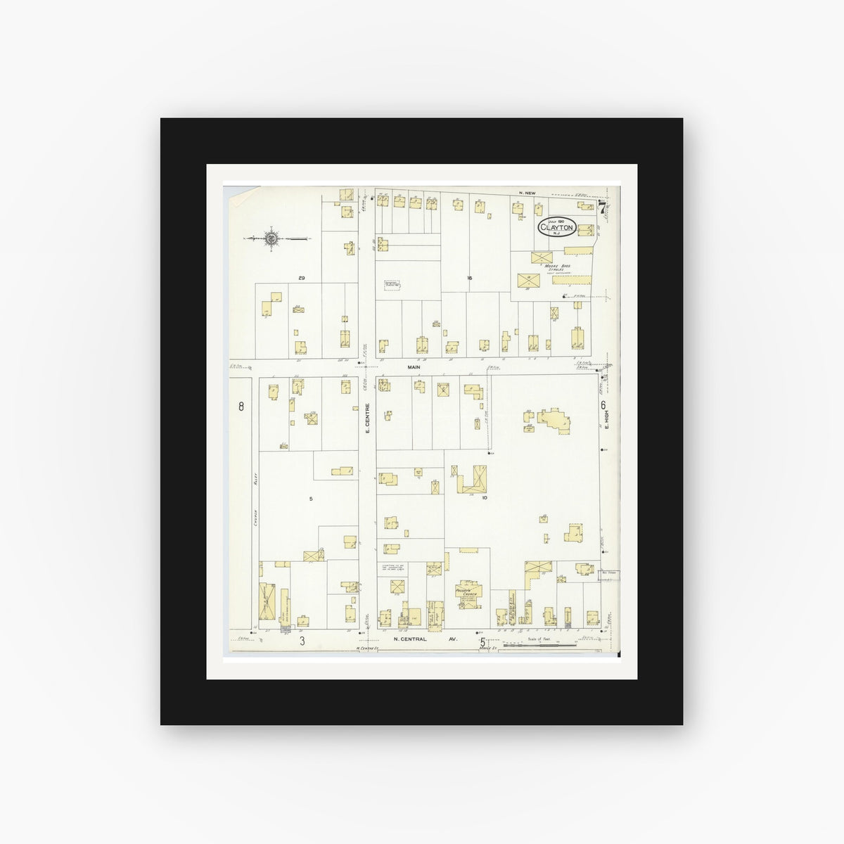 Old map wall art mockup — black gallery frame with white mat — Sanborn Fire Insurance Map from Clayton, Gloucester County, New Jersey (1910), Sheet #0007