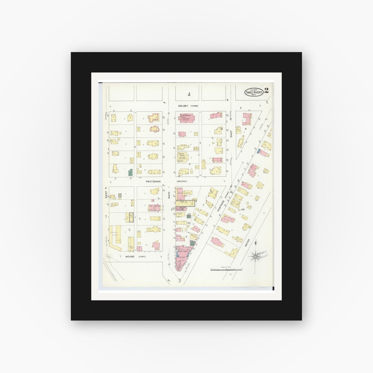 Old map wall art mockup — black gallery frame with white mat — Sanborn Fire Insurance Map from Three Rivers, Saint Joseph County, Michigan (1909), Sheet #0002