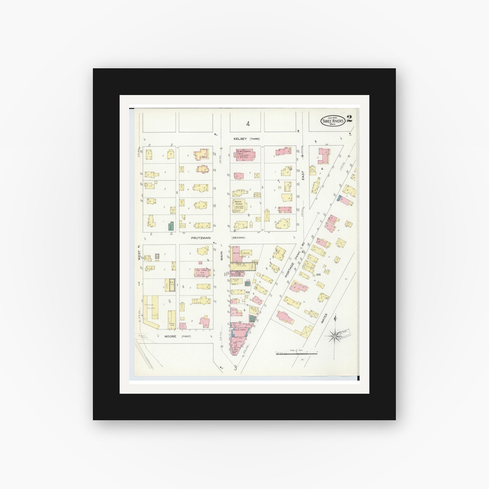 Old map wall art mockup — black gallery frame with white mat — Sanborn Fire Insurance Map from Three Rivers, Saint Joseph County, Michigan (1909), Sheet #0002