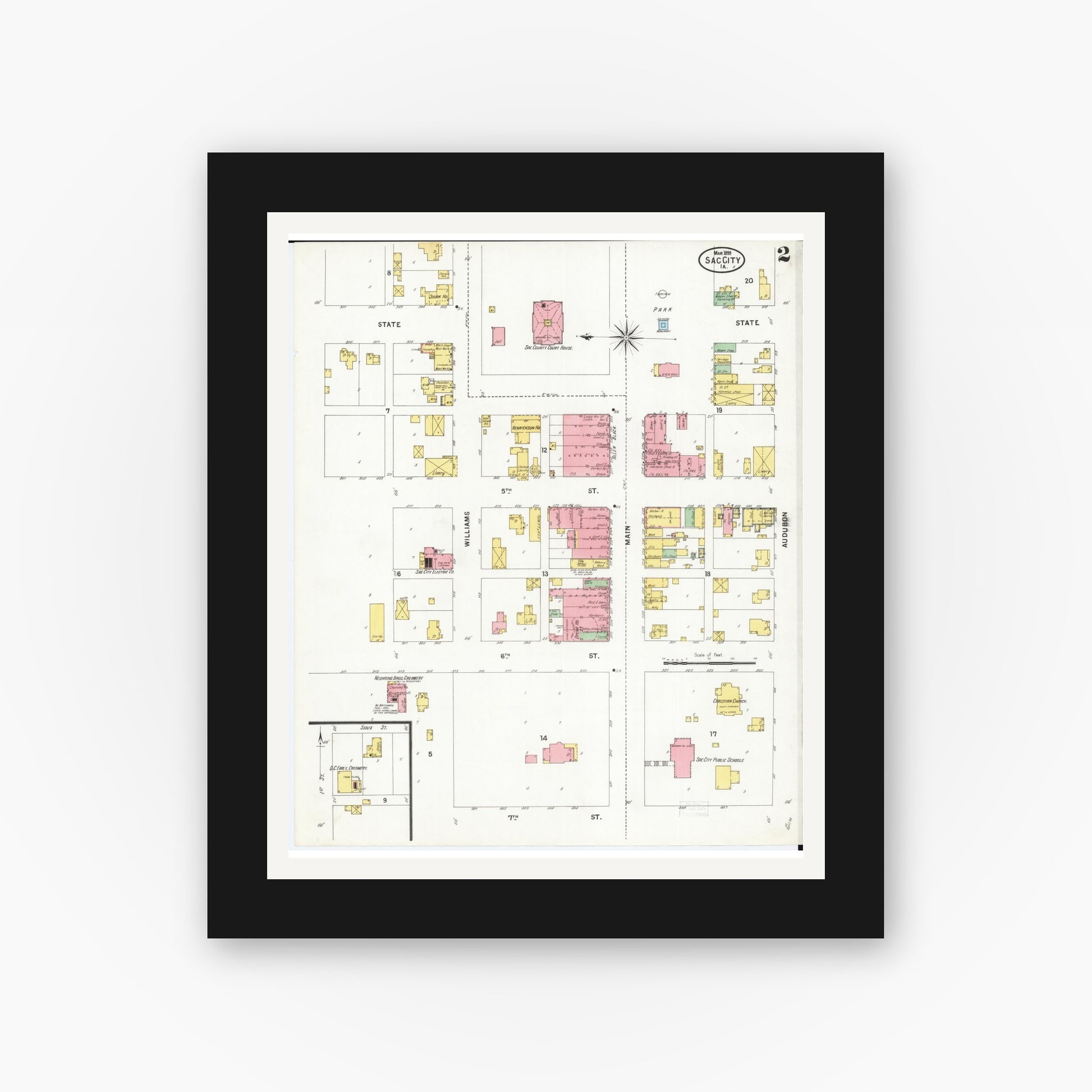 Old map wall art mockup — black gallery frame with white mat — Sanborn Fire Insurance Map from Sac City, Sac County, Iowa (1899), Sheet #0002
