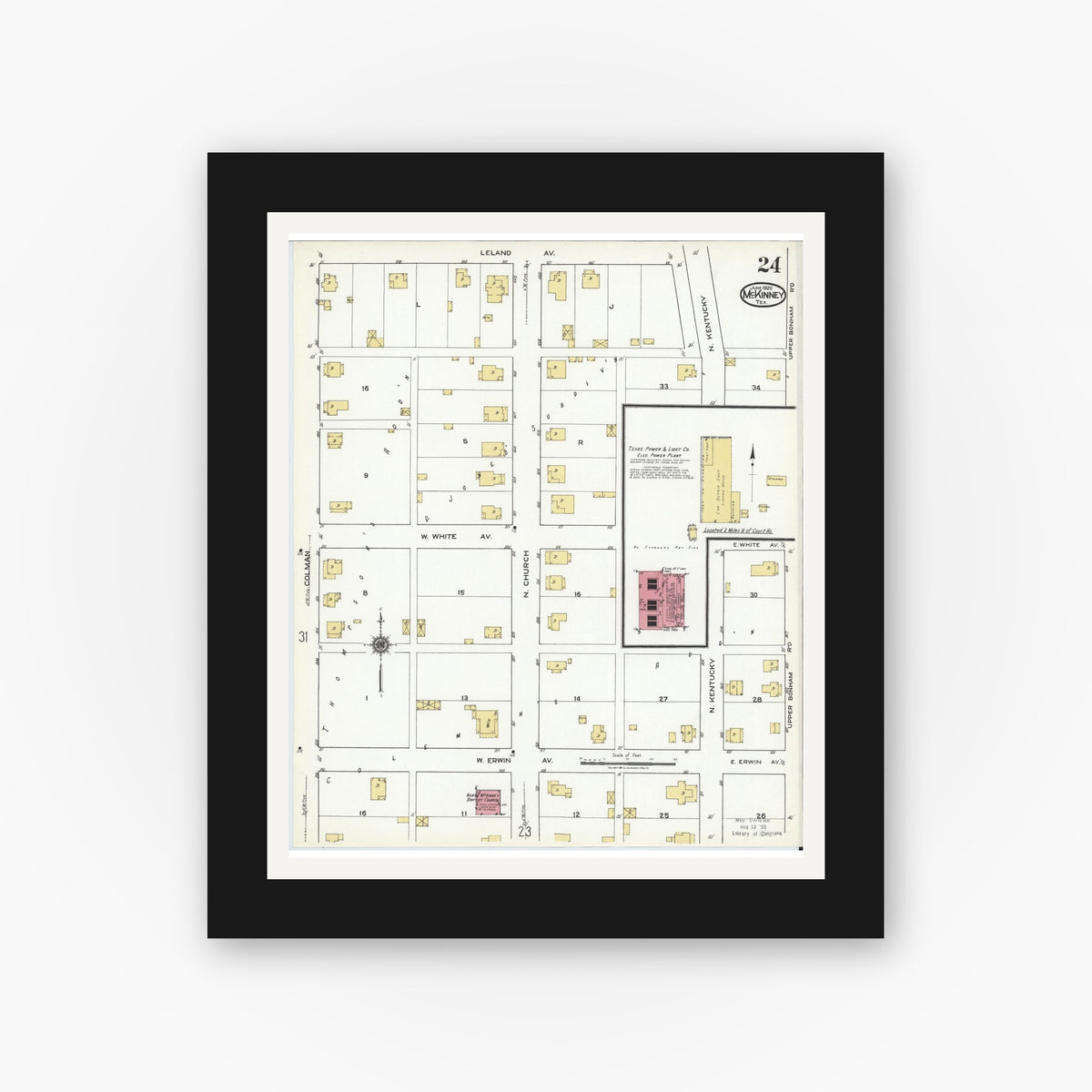 Old map wall art mockup — black gallery frame with white mat — Sanborn Fire Insurance Map from McKinney, Collin County, Texas (1920), Sheet #0024