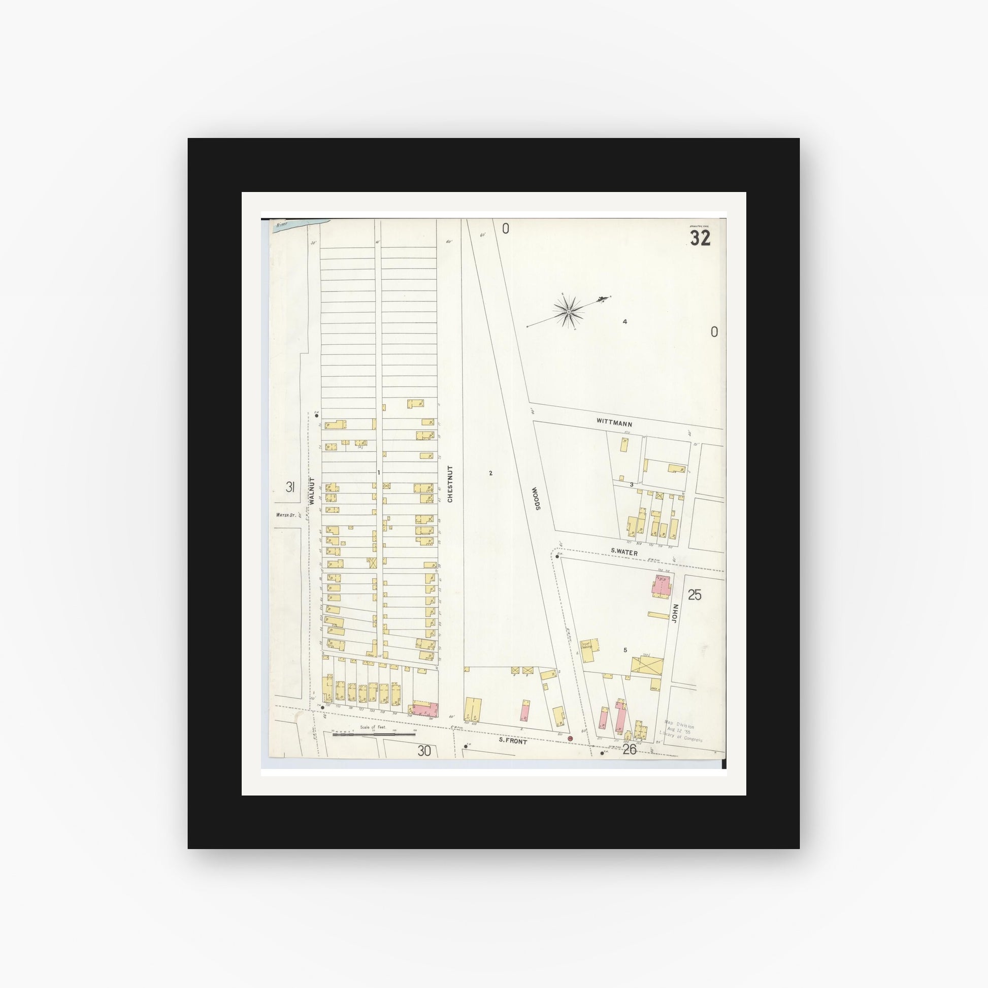 Old map wall art mockup — black gallery frame with white mat — Sanborn Fire Insurance Map from Hamilton, Butler County, Ohio (1899), Sheet #0032