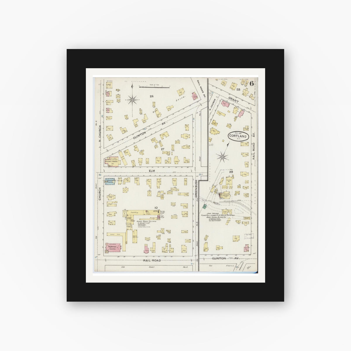 Old map wall art mockup — black gallery frame with white mat — Sanborn Fire Insurance Map from Cortland, Cortland County, New York (1887), Sheet #0006