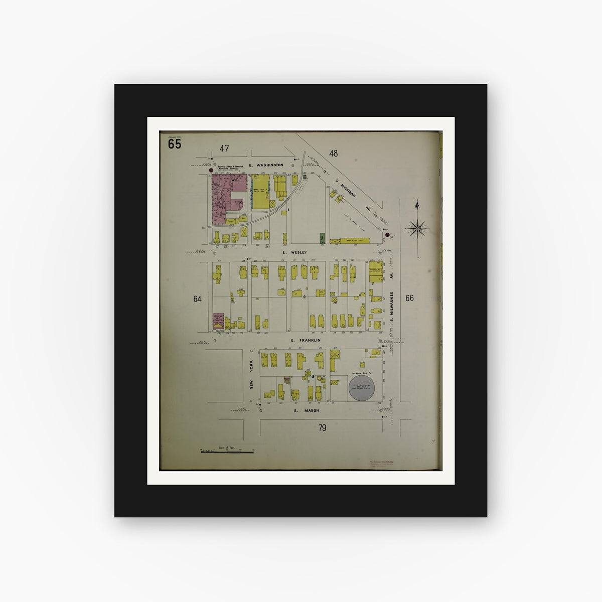 Old map wall art mockup — black gallery frame with white mat — Sanborn Fire Insurance Map from Jackson, Jackson County, Michigan (1907), Sheet #0065