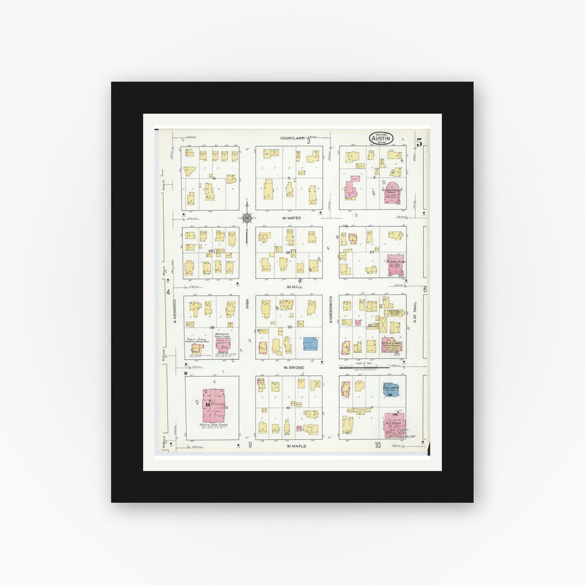 Old map wall art mockup — black gallery frame with white mat — Sanborn Fire Insurance Map from Austin, Mower County, Minnesota (1917), Sheet #0005