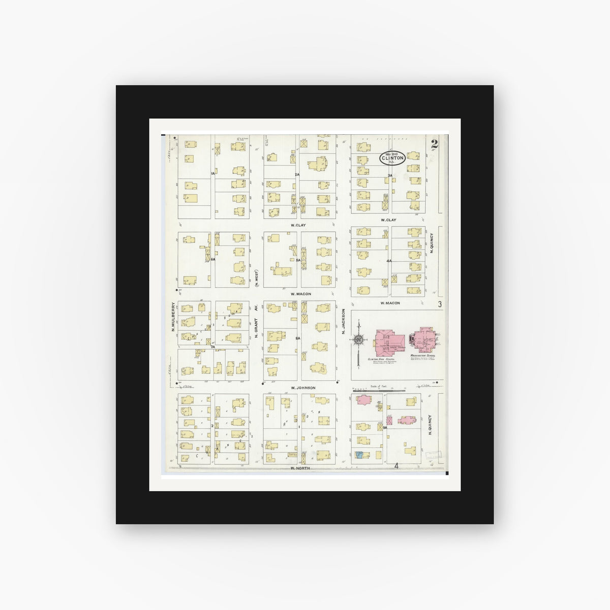 Old map wall art mockup — black gallery frame with white mat — Sanborn Fire Insurance Map from Clinton, De Witt County, Illinois (1910), Sheet #0002