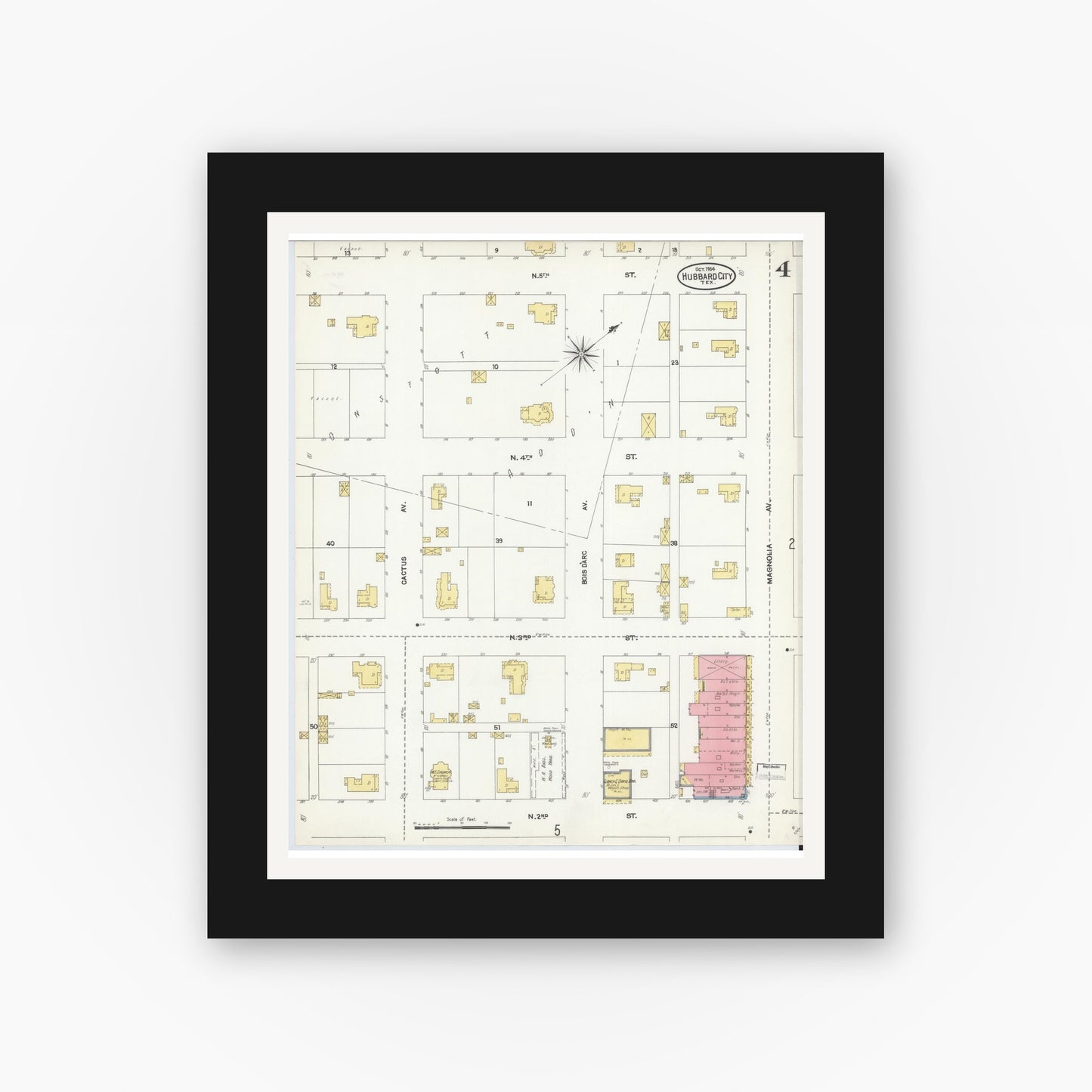 Old map wall art mockup — black gallery frame with white mat — Sanborn Fire Insurance Map from Hubbard, Hill County, Texas (1904), Sheet #0004
