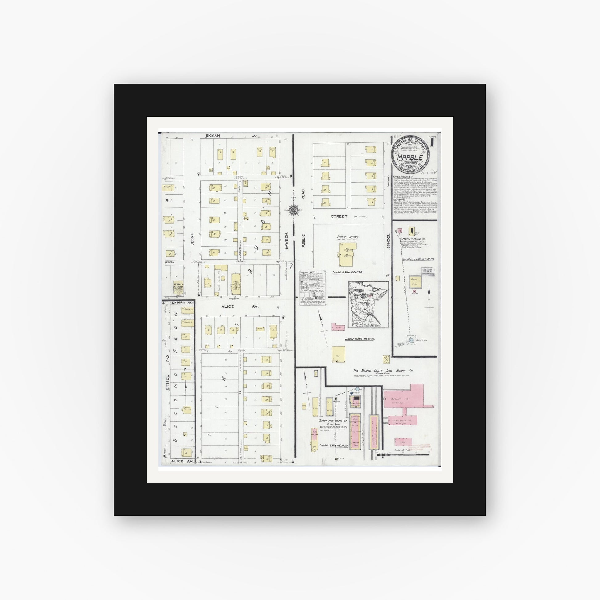 Old map wall art mockup — black gallery frame with white mat — Sanborn Fire Insurance Map from Marble, Itasca County, Minnesota (1921), Sheet #0001