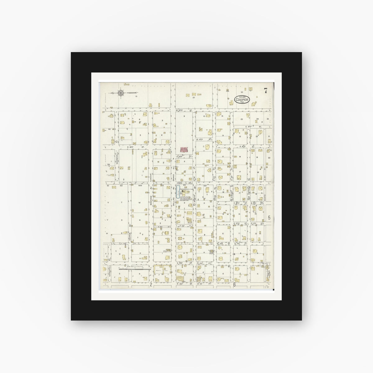 Old map wall art mockup — black gallery frame with white mat — Sanborn Fire Insurance Map from Cooper, Delta County, Texas (1914), Sheet #0007